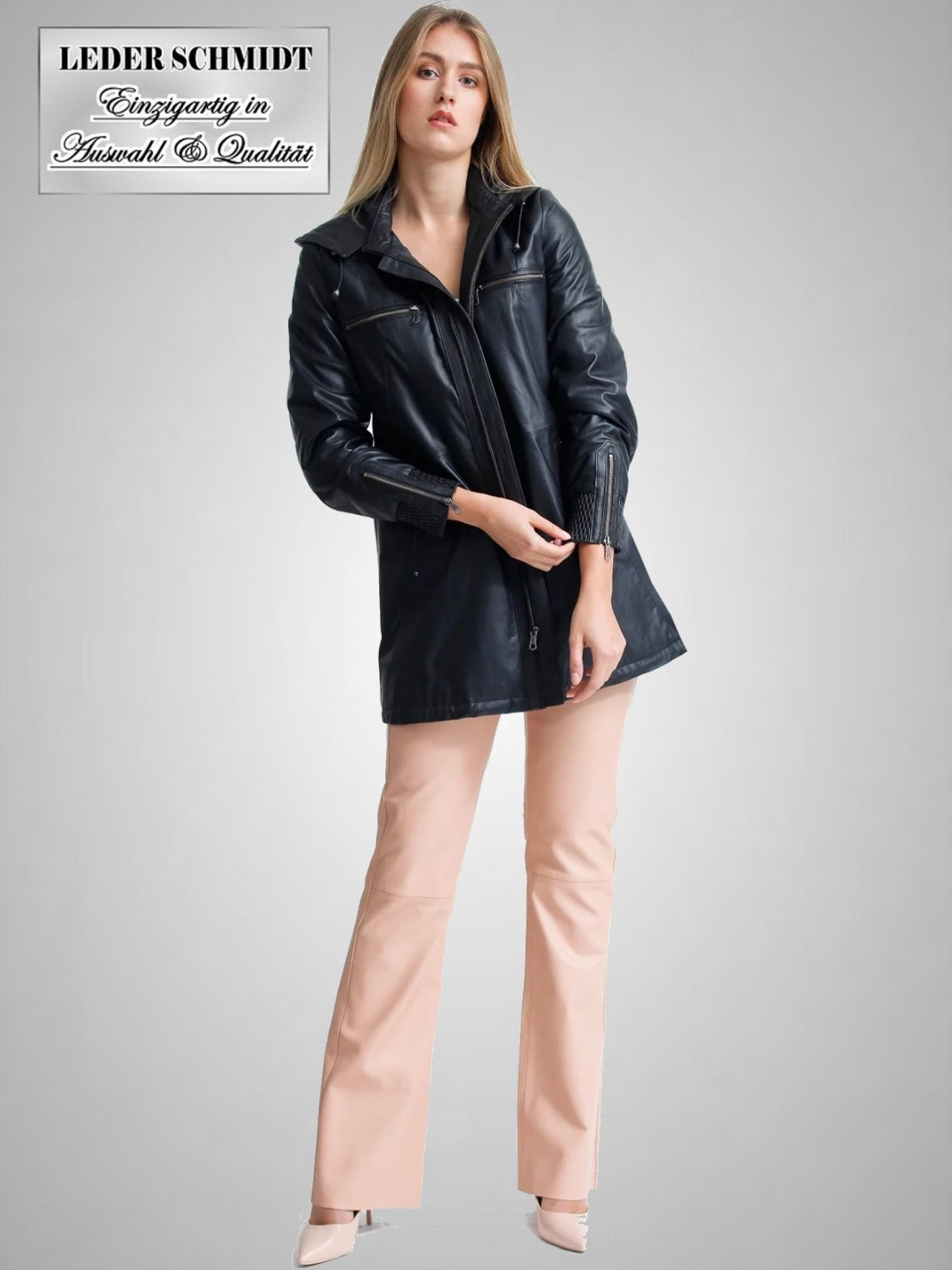 Damen Lederjacke mit abnehmbarer Kapuze