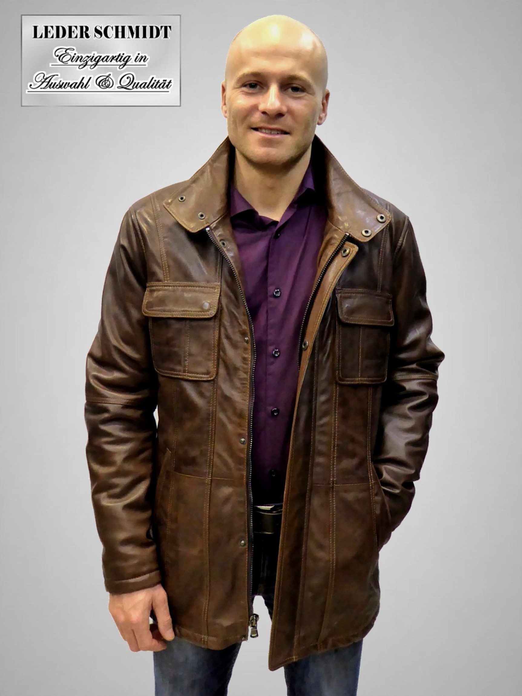 braune leichte wattierte lange Herren-Lederjacke in Lammnappa