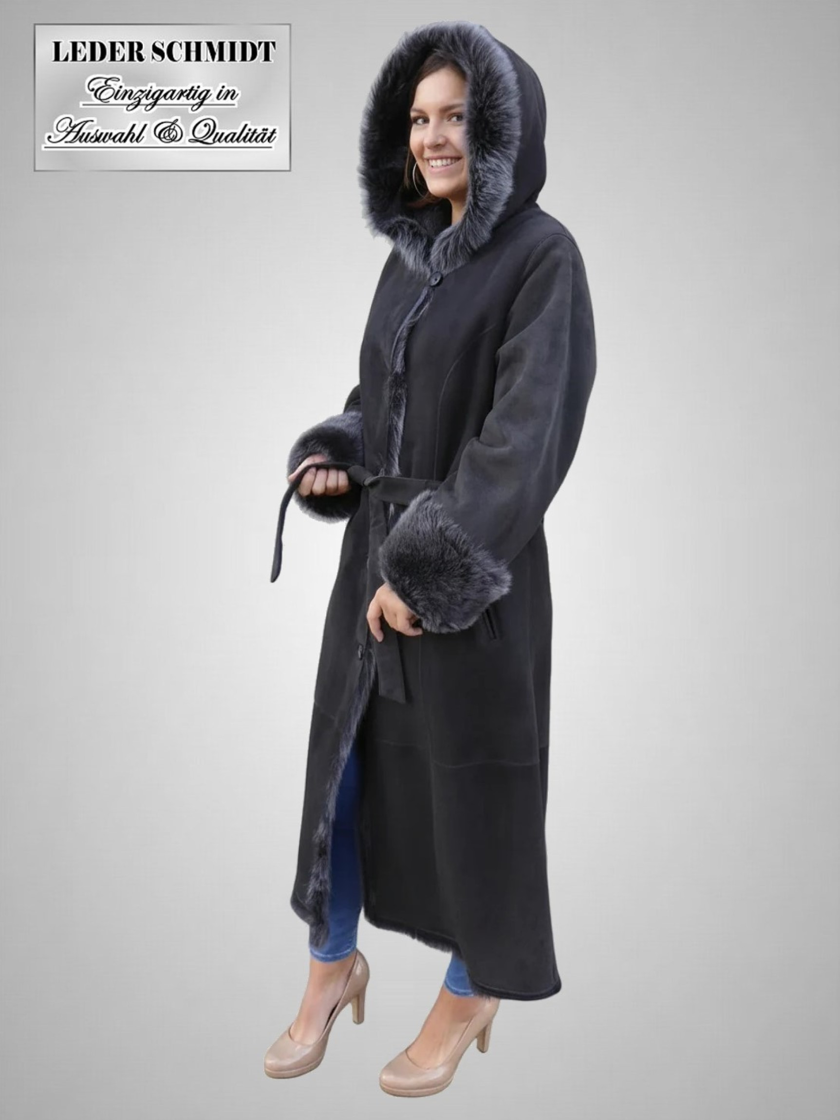Damen Lammfellmantel mit Kapuze und Gürtel