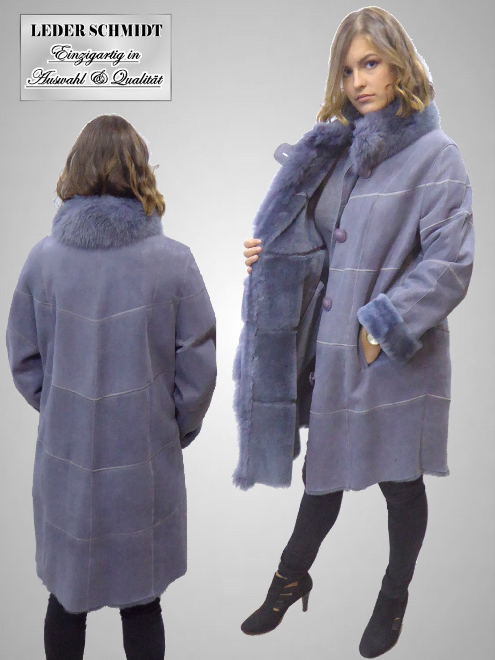 lange echte blaue Damen Lammfelljacke mit Blaufuchs