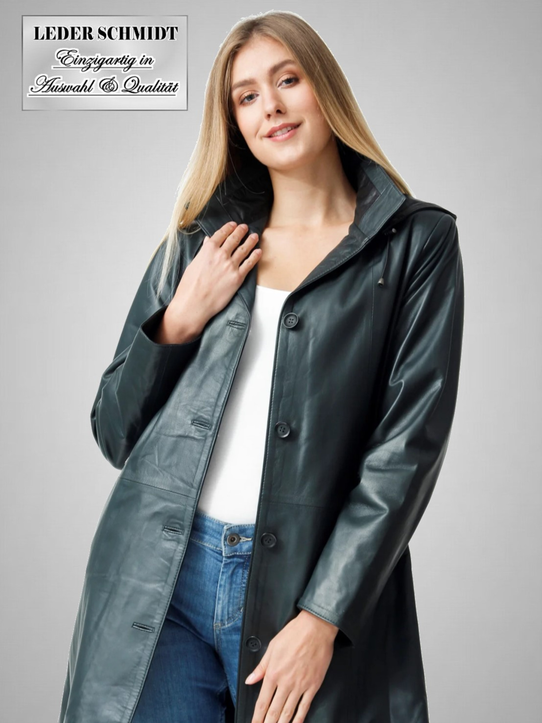 langer echter Damen Ledermantel mit Kapuze