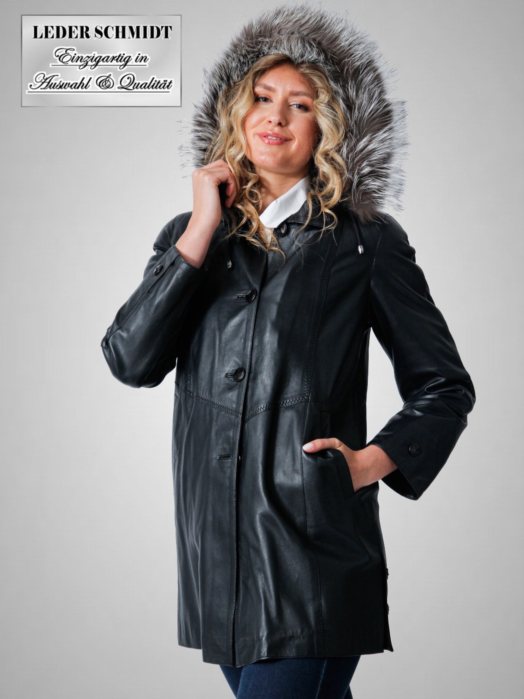 lange leichte Damen Lederjacke in echtem Lammnappa mit Kapuze abnehmbar in schwarz