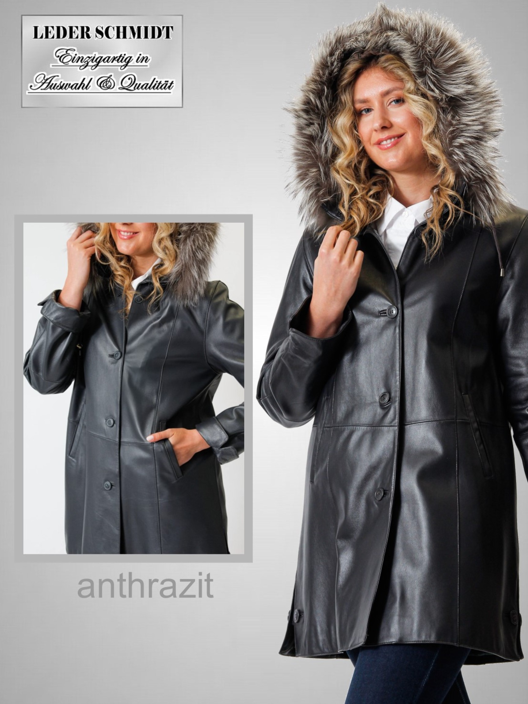 Damen Lederjacke weit lang Kapuze abnehmbar