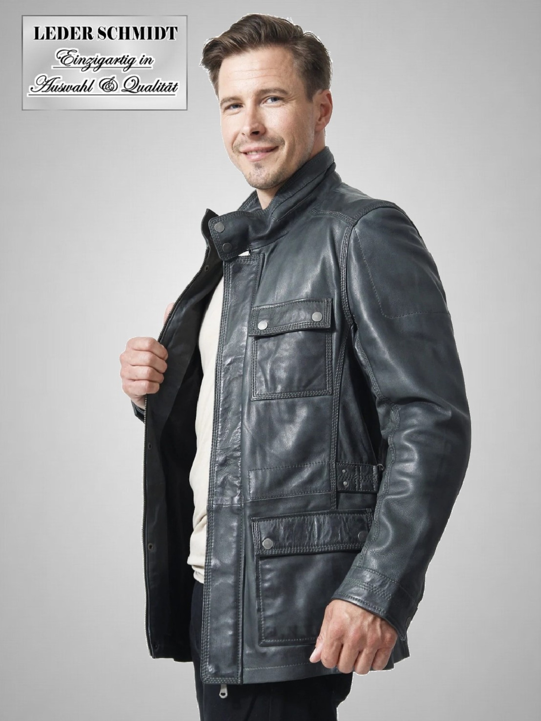 lange Herren Lederjacke grau vintage Look viele Taschen lang Lammnappa leicht