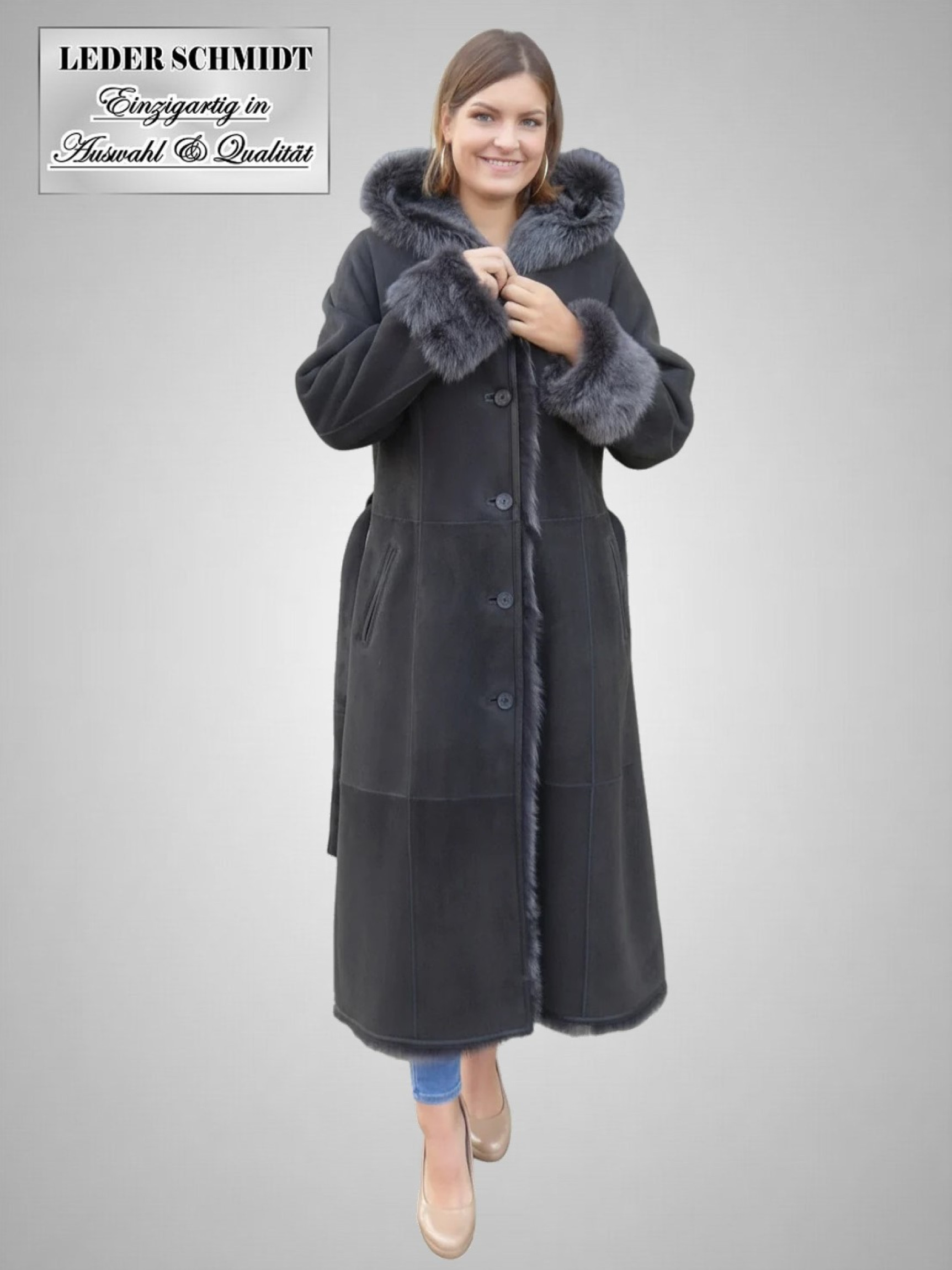 Damen Lammfellmantel mit Kapuze und Gürtel