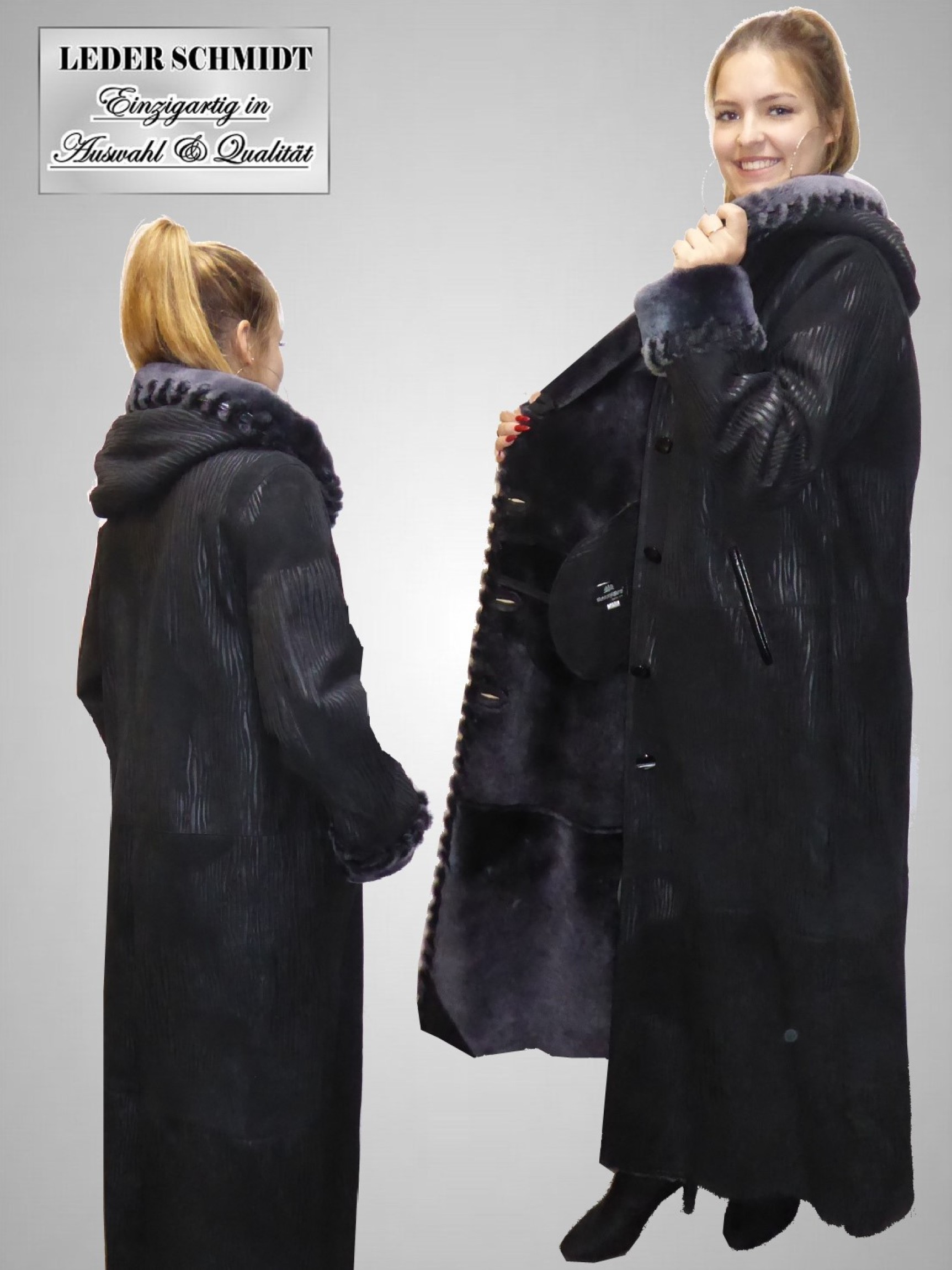 Kapuze Lammfellmantel Dame schwarz