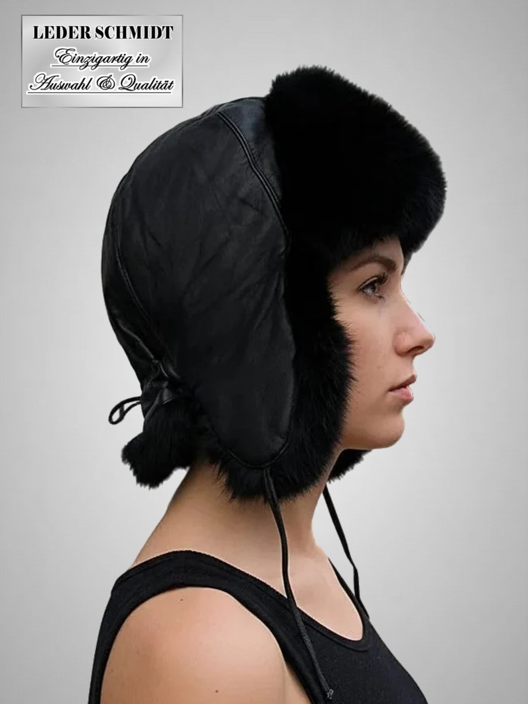Pelz Kaninchen-Mütze schwarz Ohrenklappen Uschanke