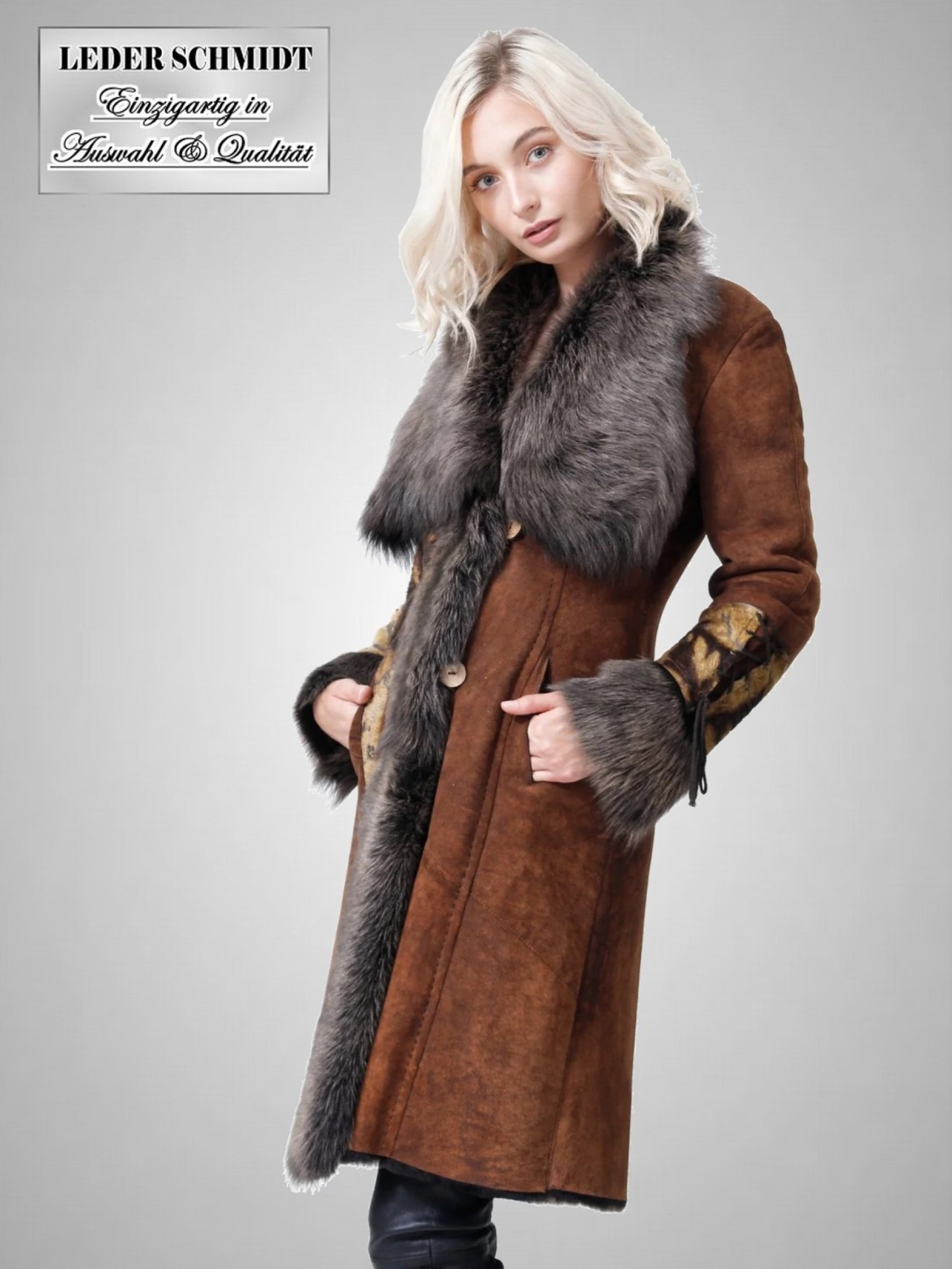 echter Damen Lammfellmantel Schaffellmantel braun großer Kragen