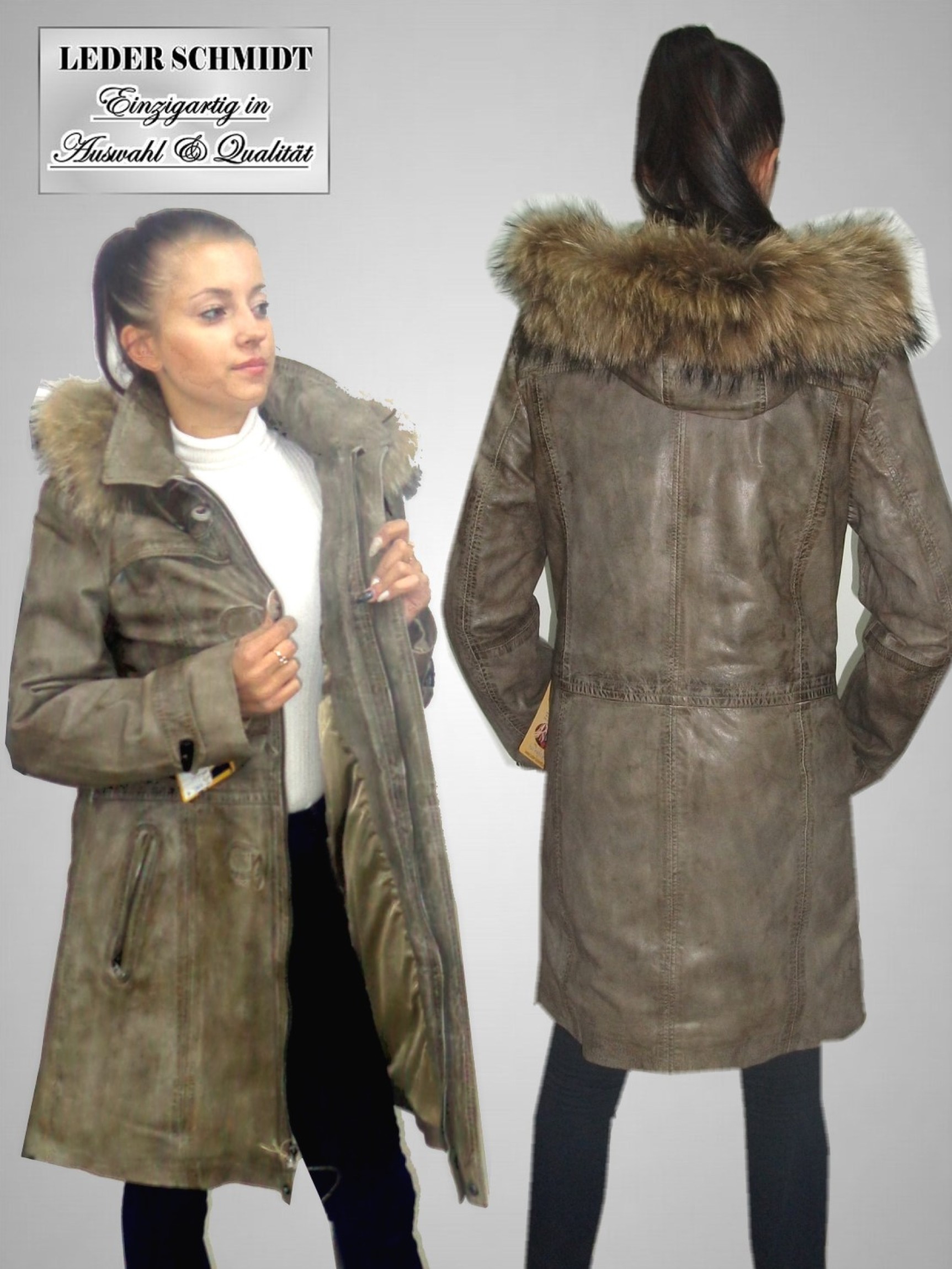lange Damen-Lederjacke Kapuze Reißverschluss