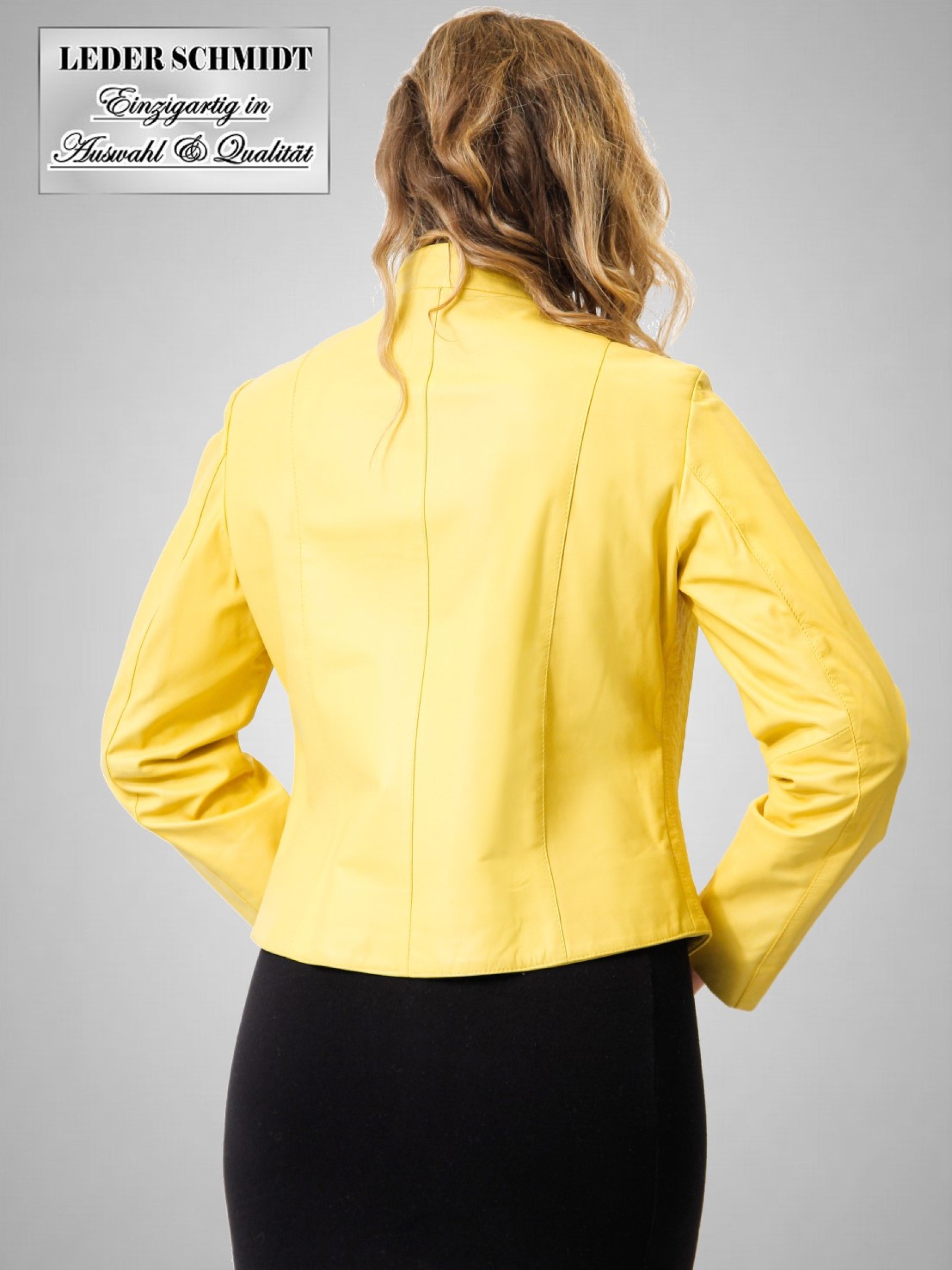 kurze gelbe Damen-Lederjacke mit Reißverschluss Stehkragen