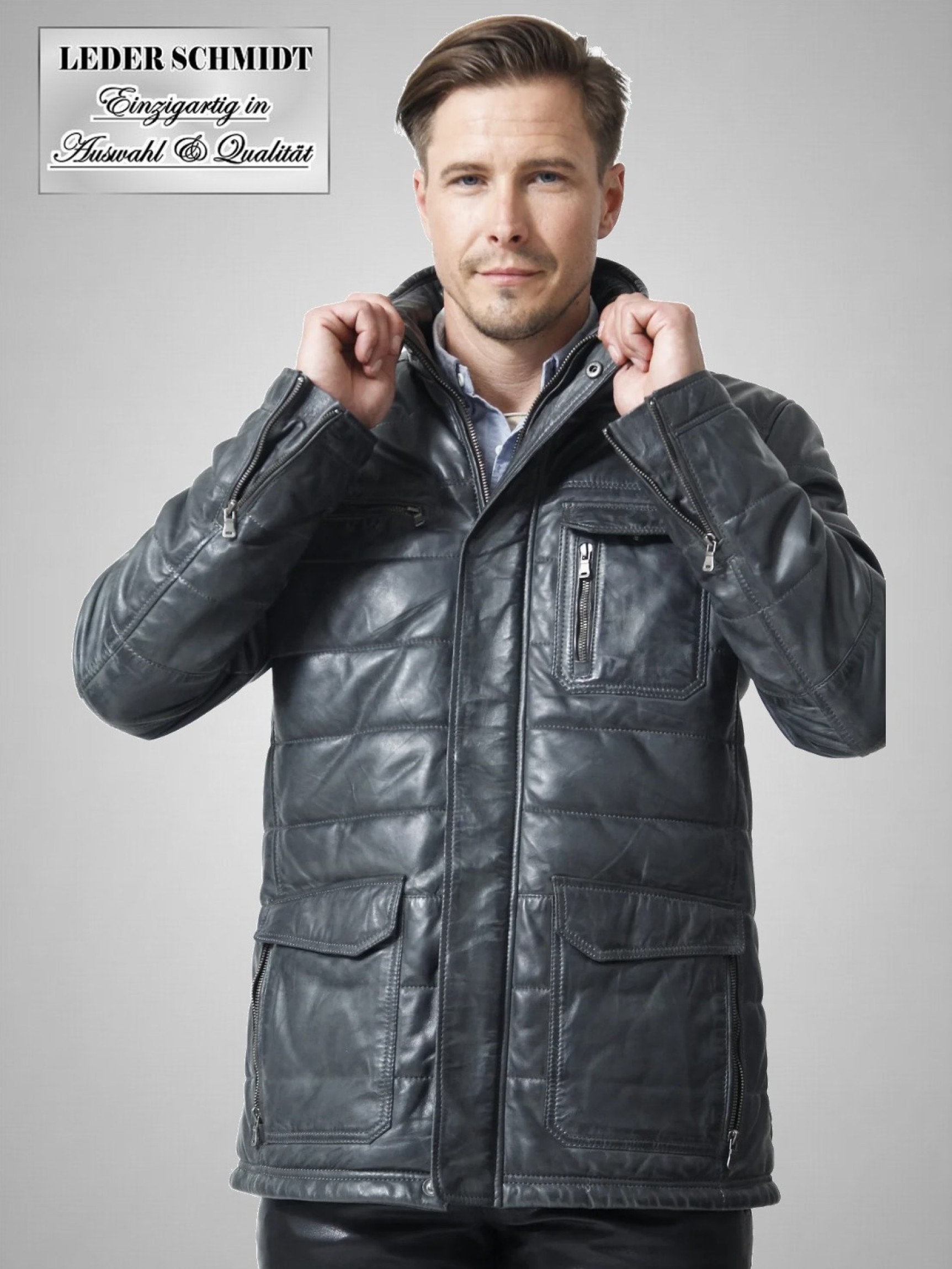 Herren lange Herren Lederjacke grau sportlich