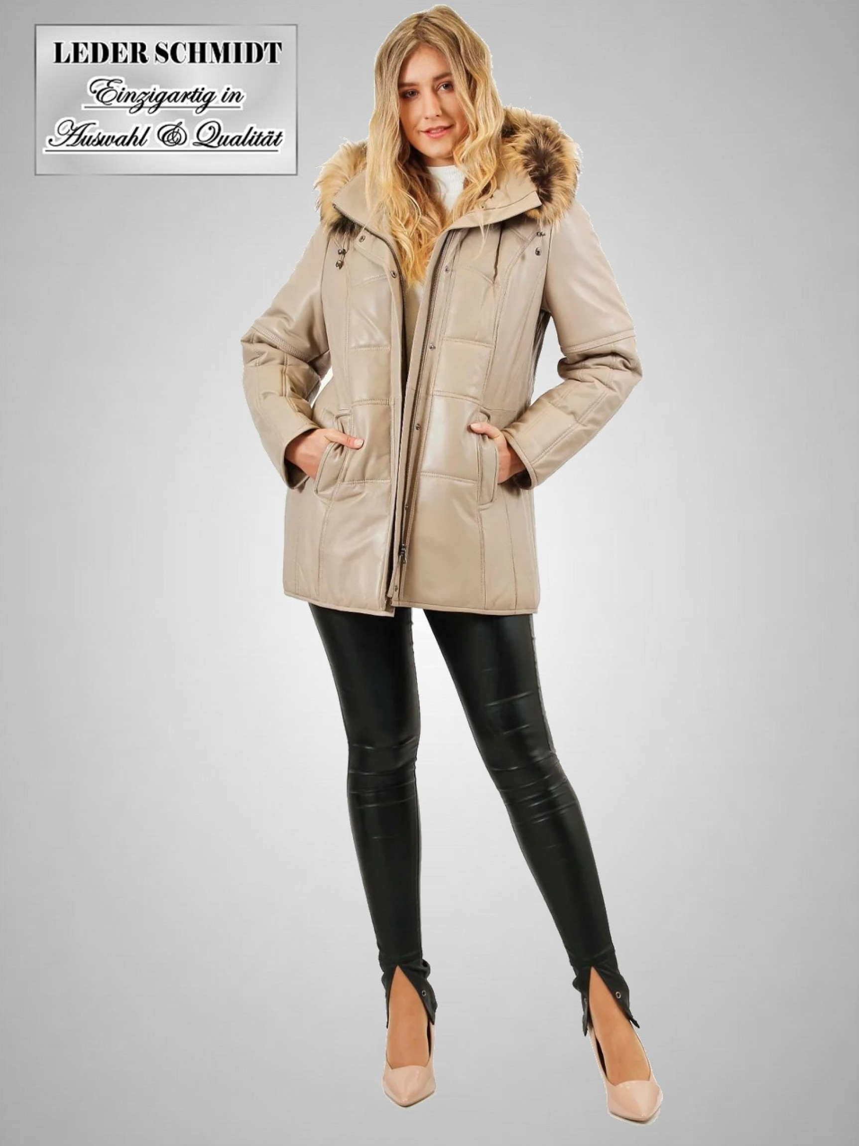 gesteppter Damen Lederparka mit abnehmbarer Kapuze