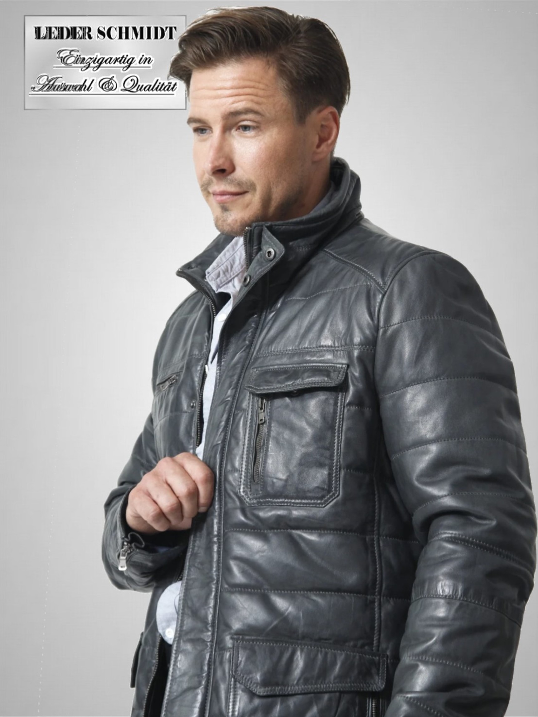 graue lange Herren Lederjacke vintage viele Taschen