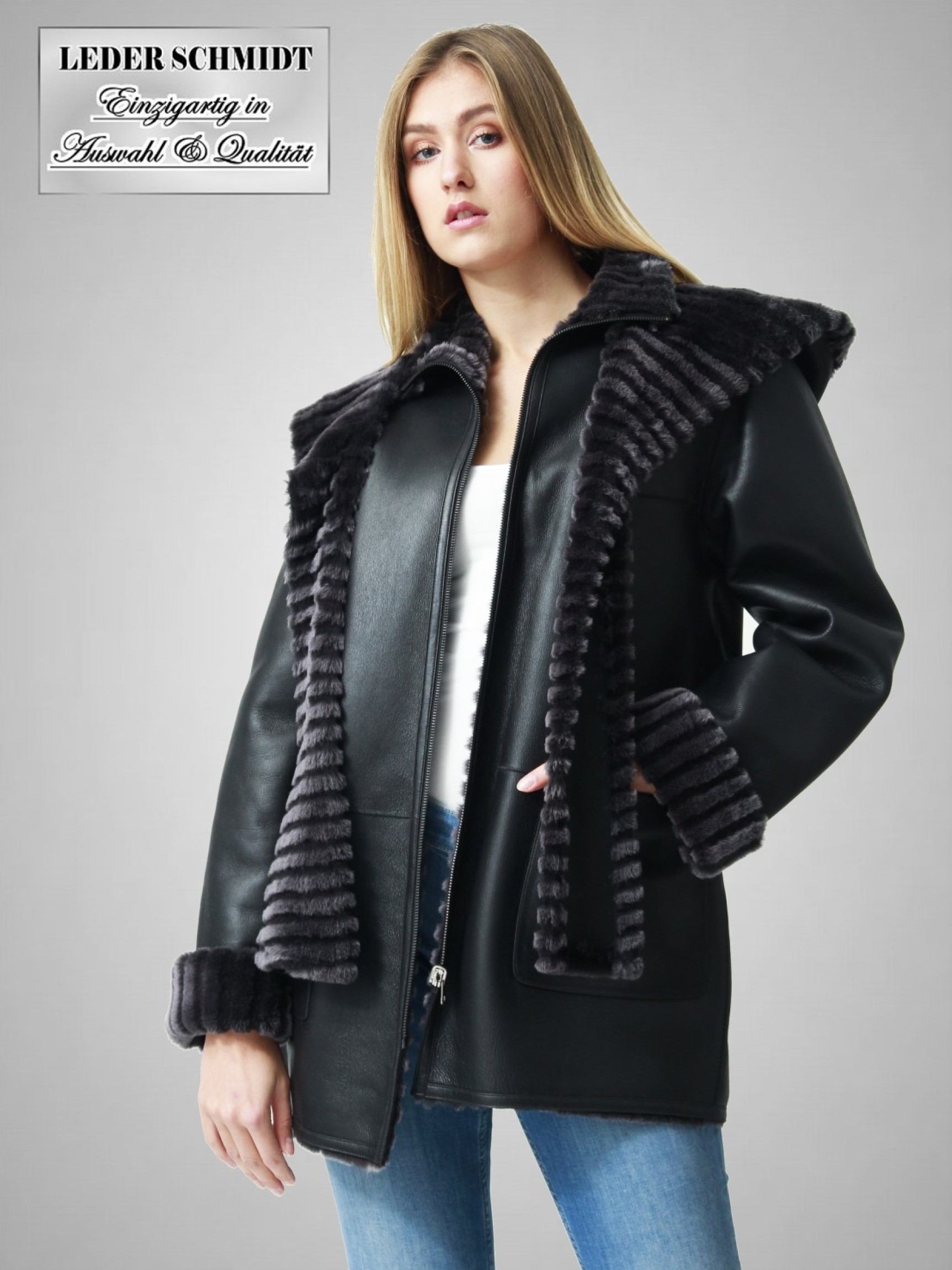 leichte lange Damen Lammfelljacke schwar abnehmbare Kapuze