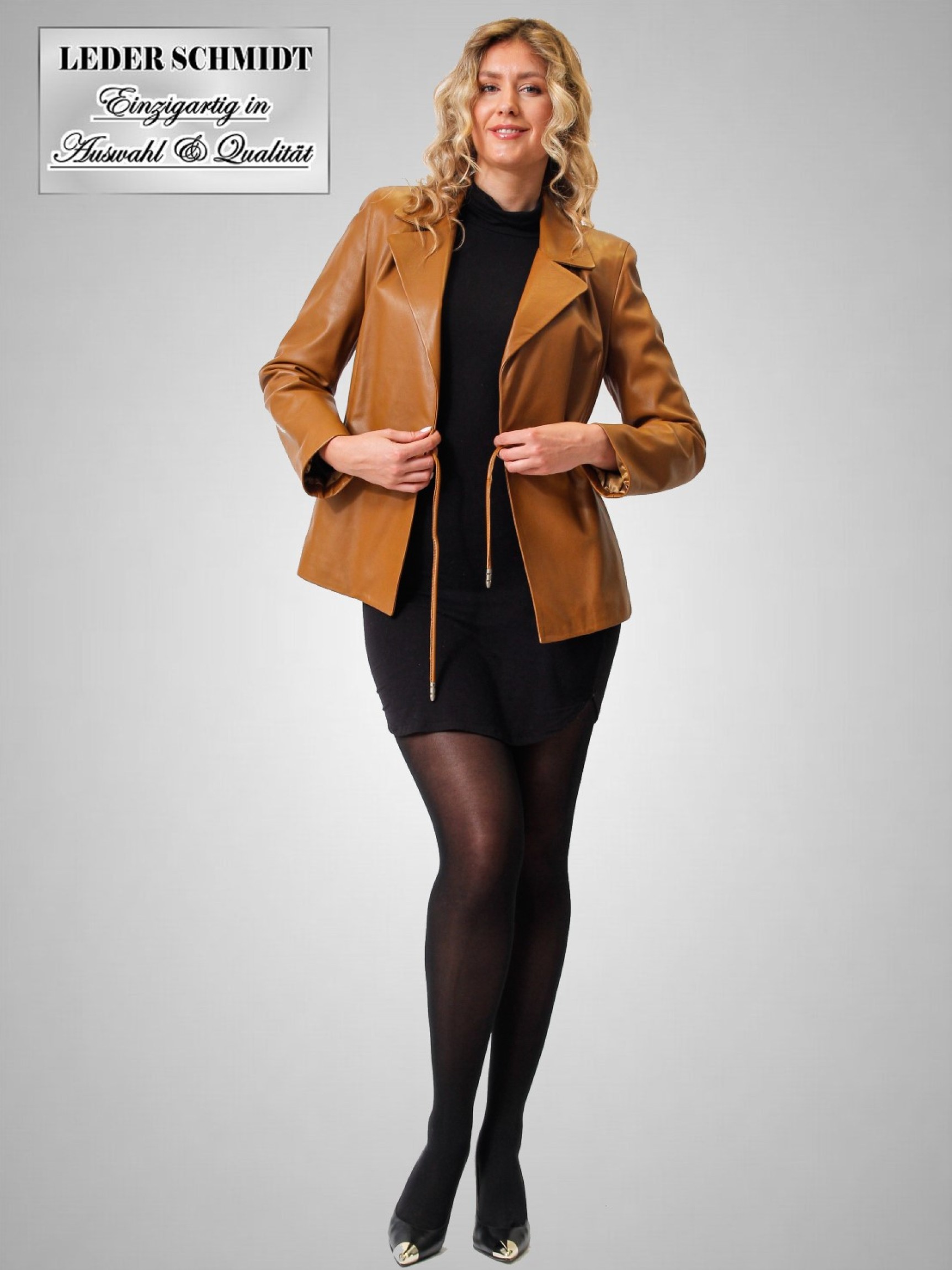 echter schicker Leder-Damenblazer Ledersakko cognac
