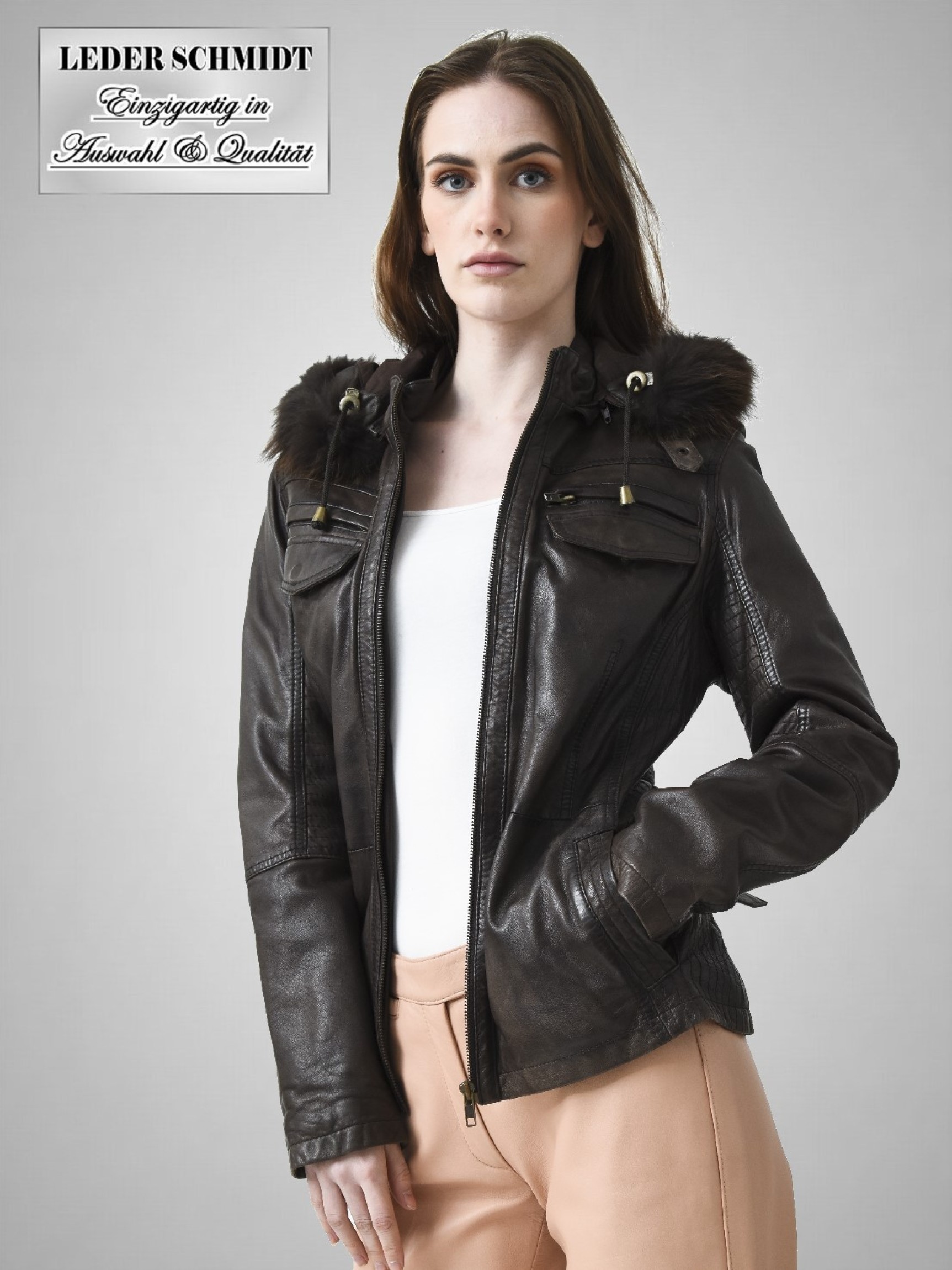 halblange Damen Lederjacke mit Kapuze