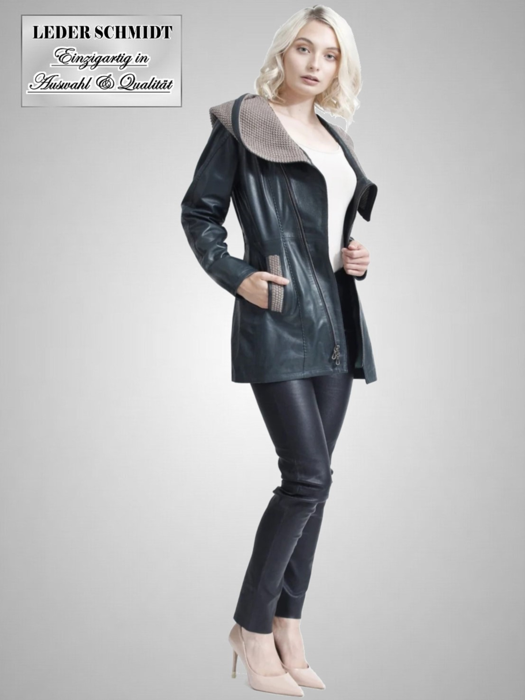 lange Damen Lederjacke mit Kapuze