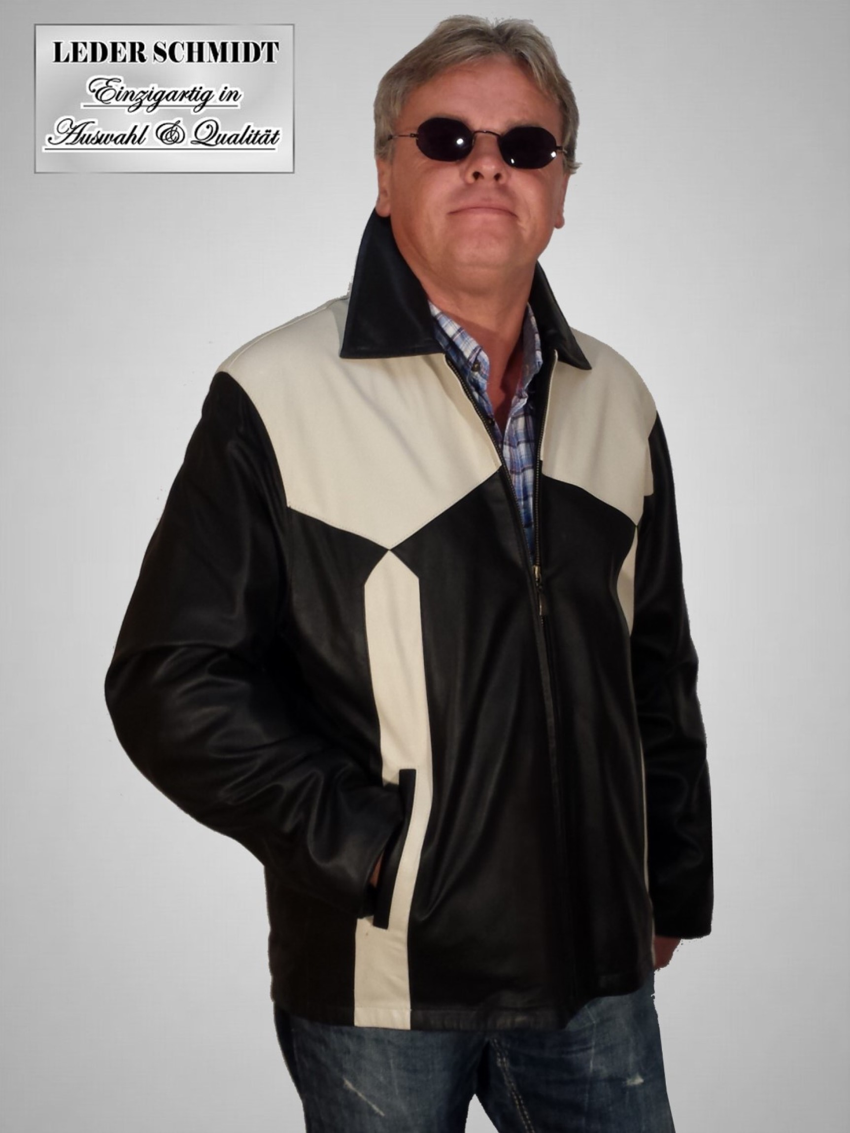 leichte lange Herren Lederjacke schwarz beige