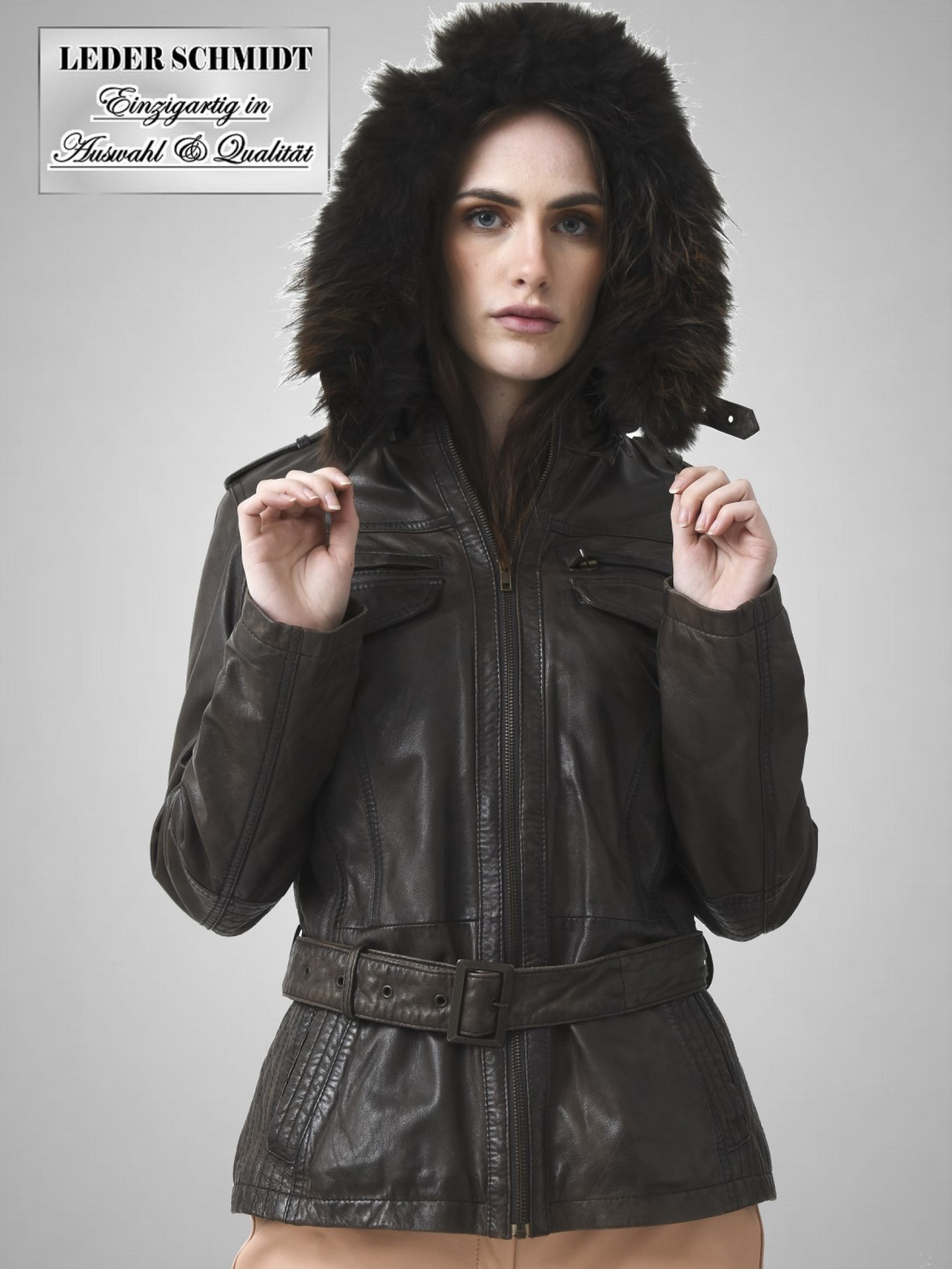 halblange Damen Lederjacke mit Kapuze