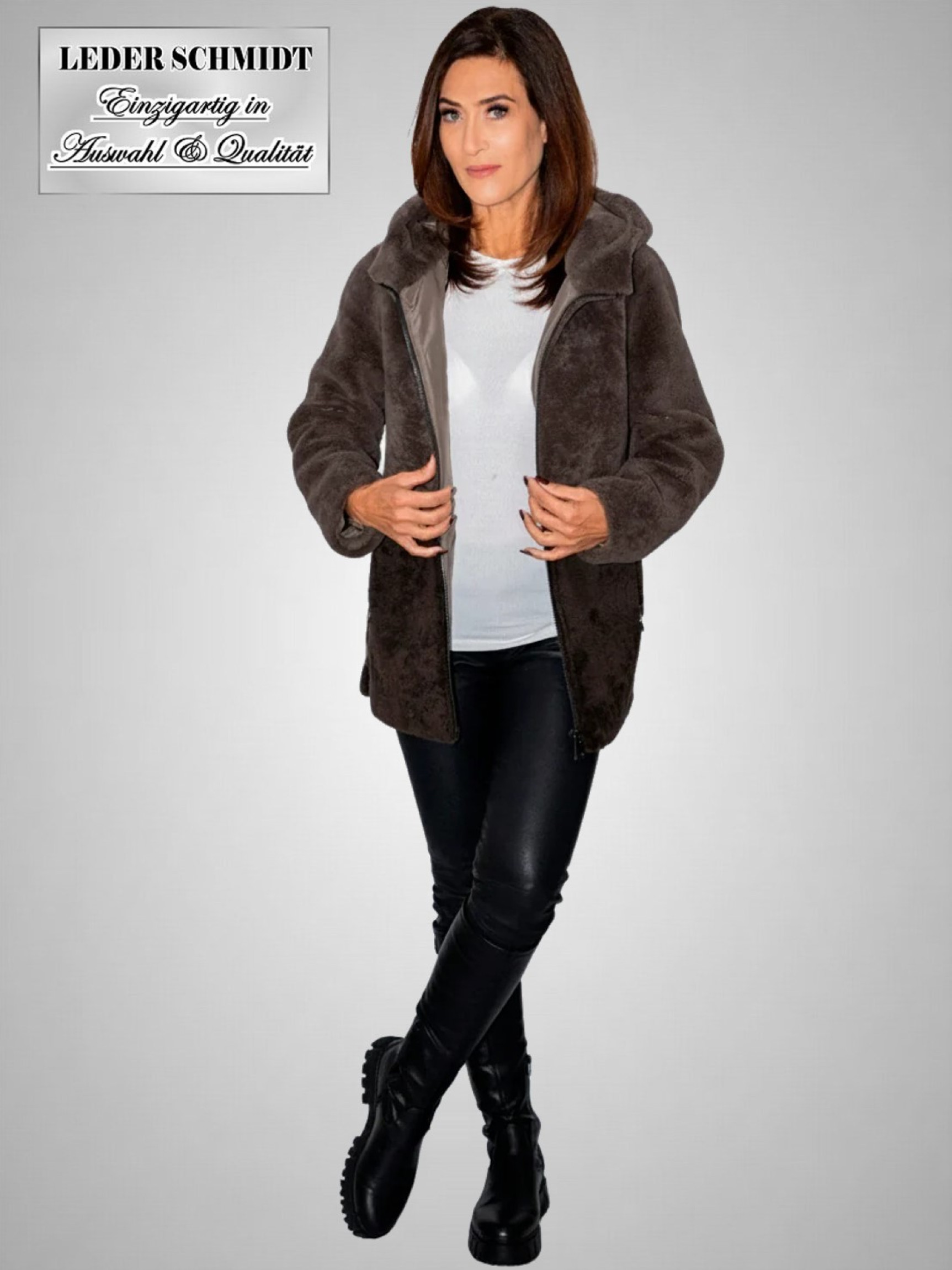 Curly Lammfell-Jacke Dame mit Kapuze und Reißverschluss