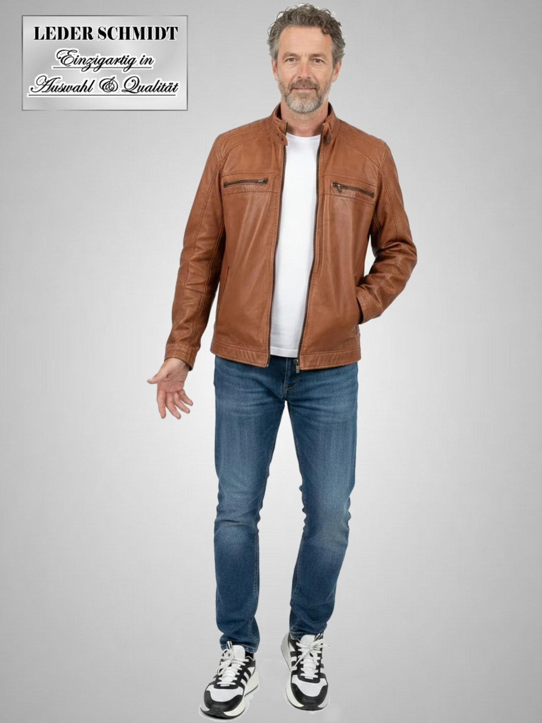 echte kurze Biker Lederjacke Herren braun, Stehkragen, Lammnappa