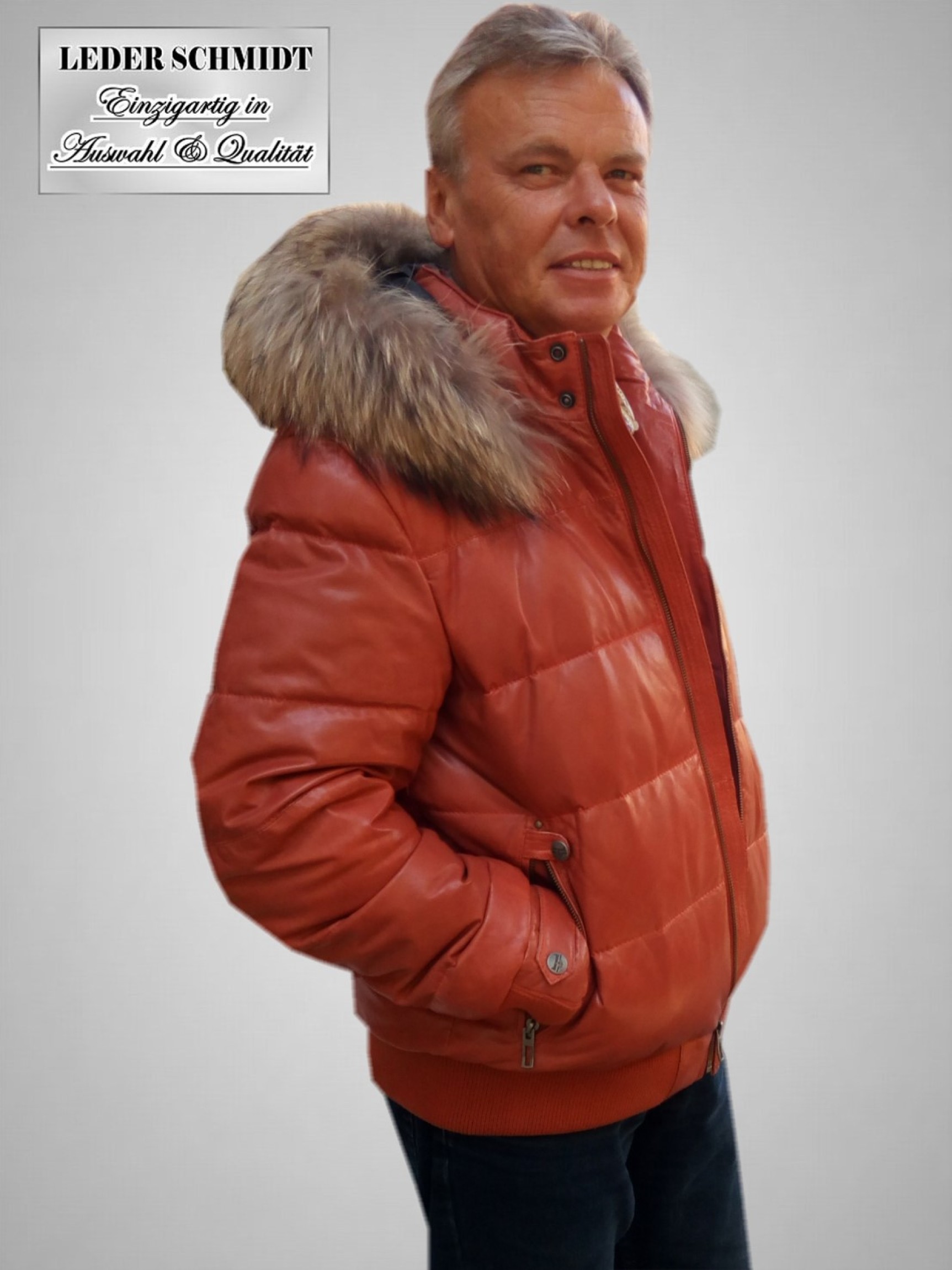 Daunen Herren Lederjacke mit abnehmbarer Kapuze