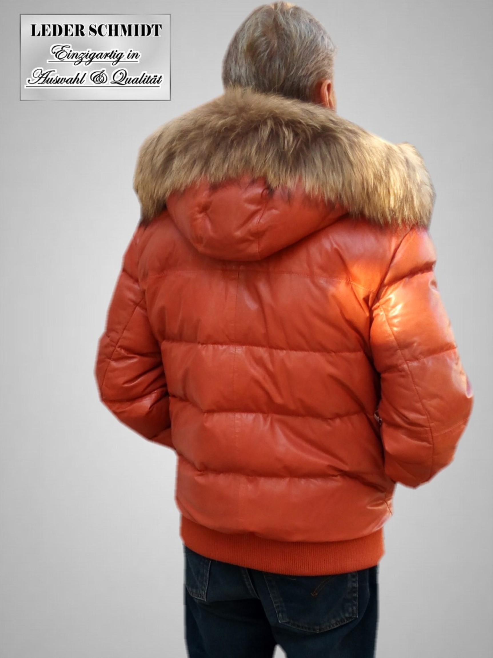 Daunen Herren Lederjacke mit abnehmbarer Kapuze