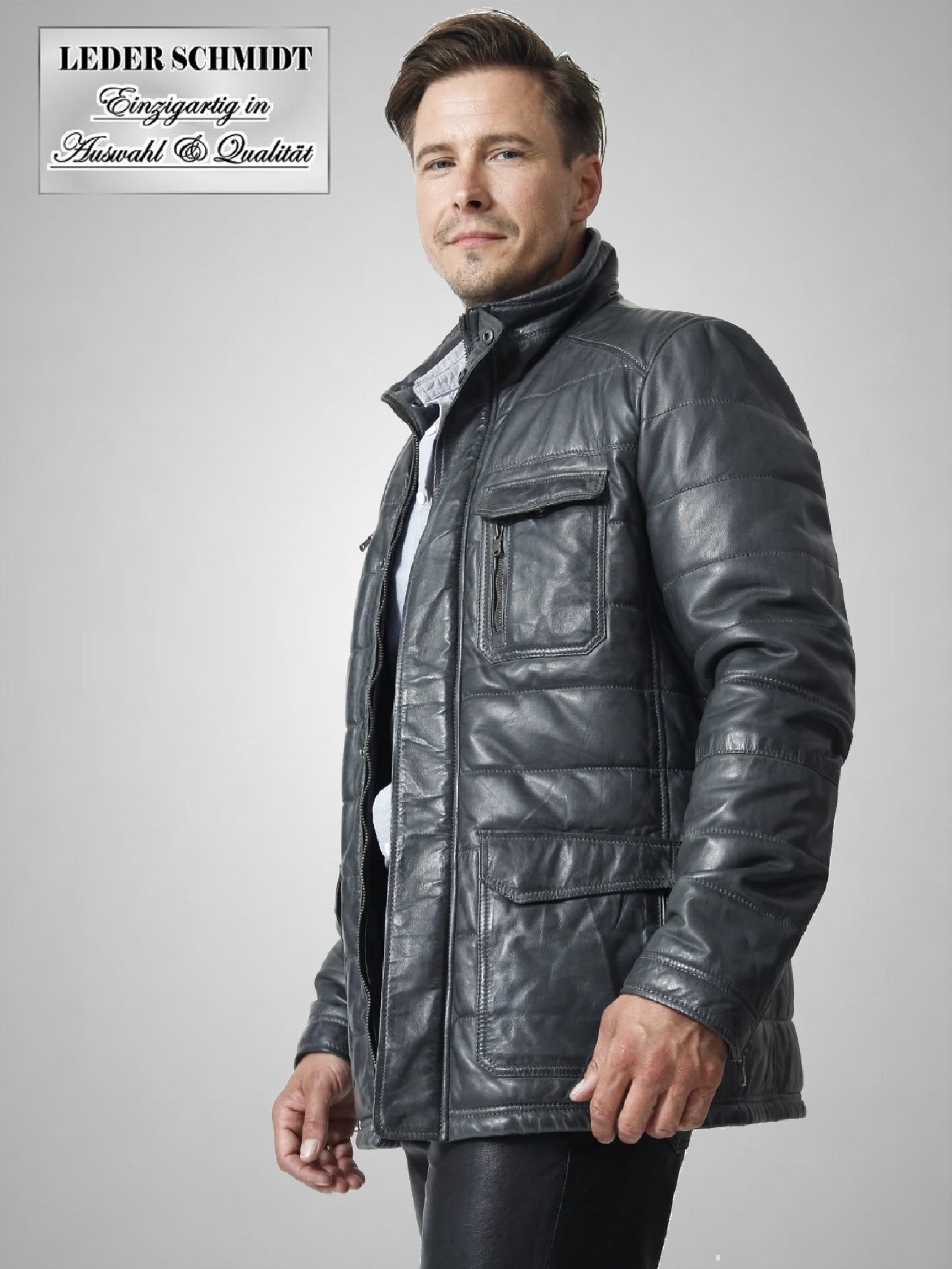 Gesteppte lange Herren Lederjacke grau