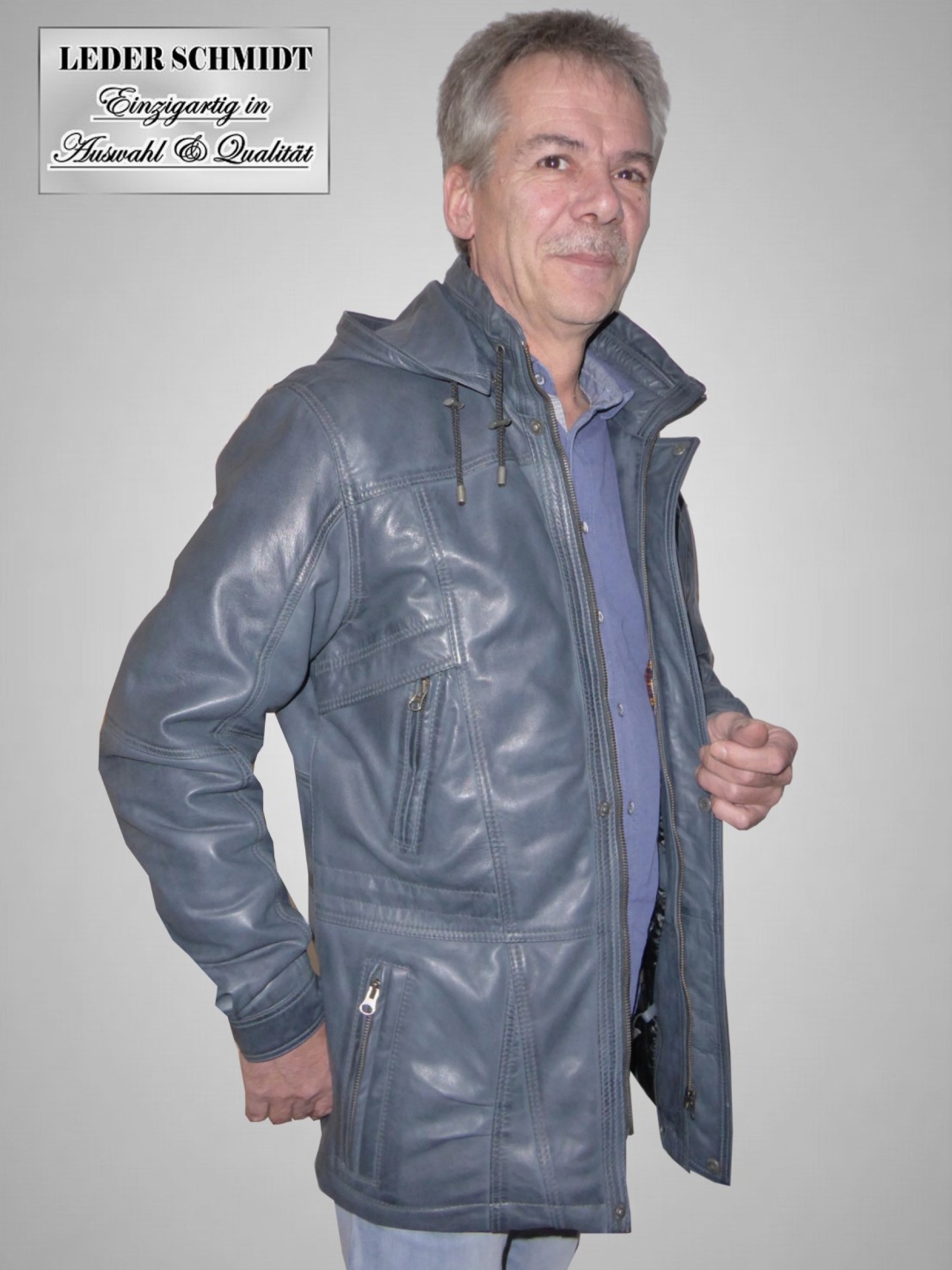 Lederjacke lang Herren abnehmbare Kapuze sportlich viele Taschen