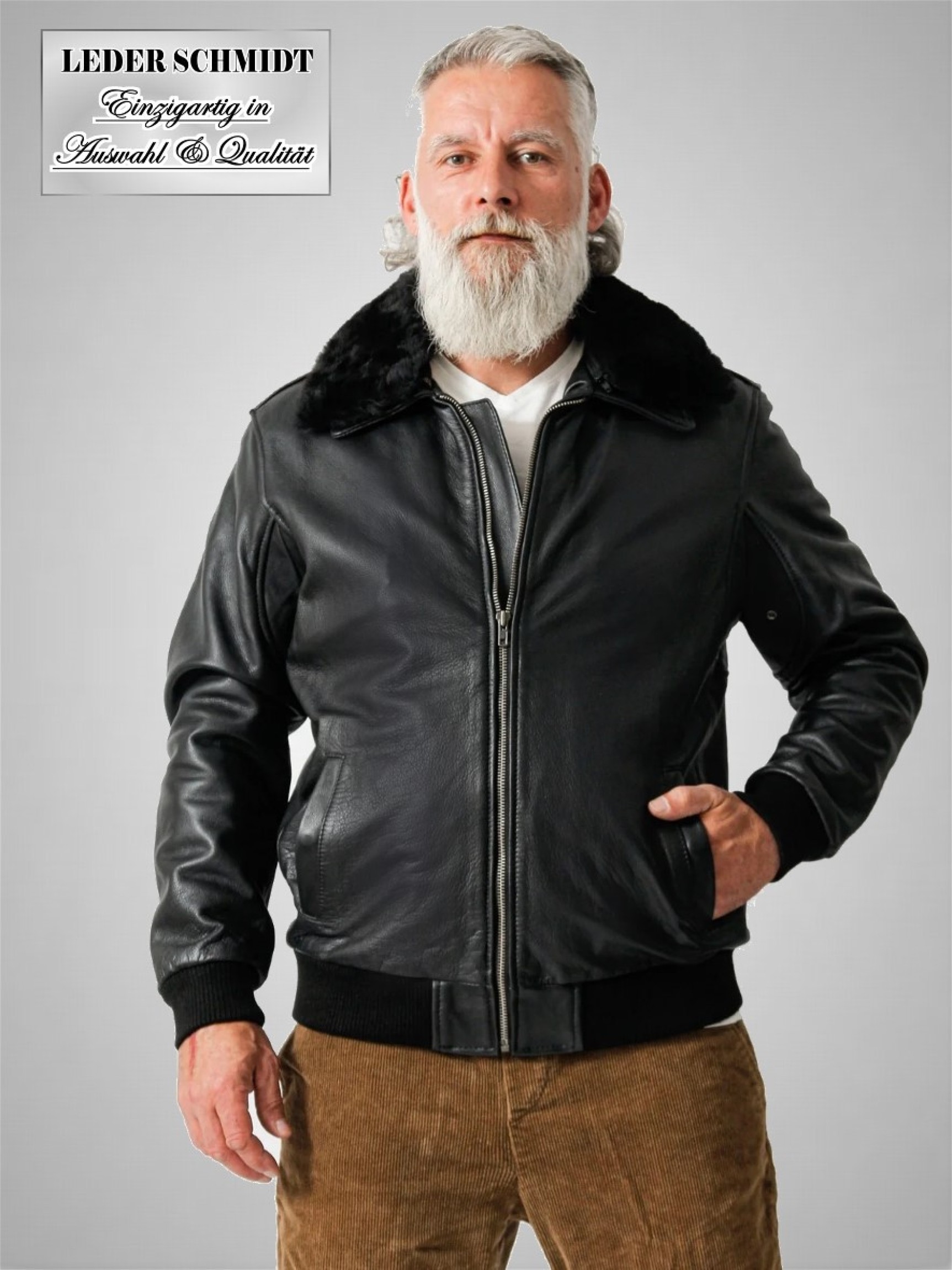 kurze strapazierfähige Herren Lederjacke schwarz sportlich Lammfellkragen