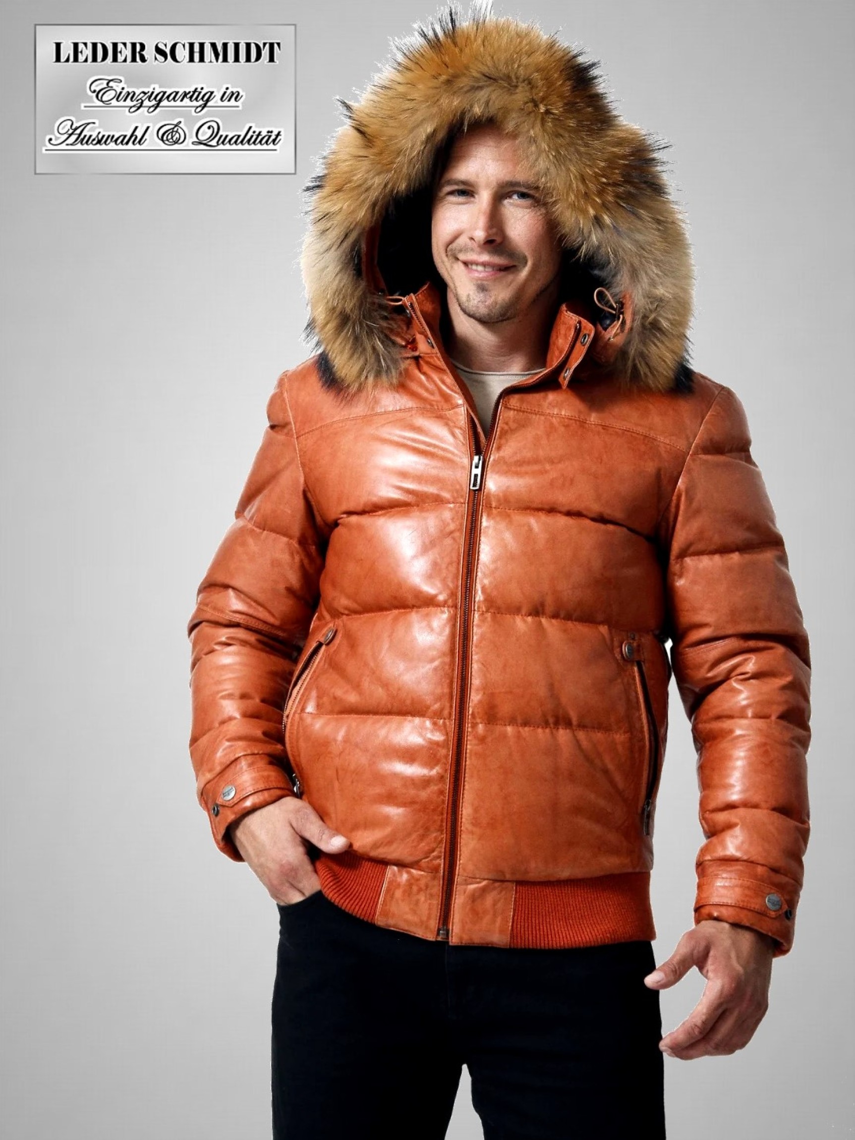 Daunen Herren Lederjacke mit abnehmbarer Kapuze