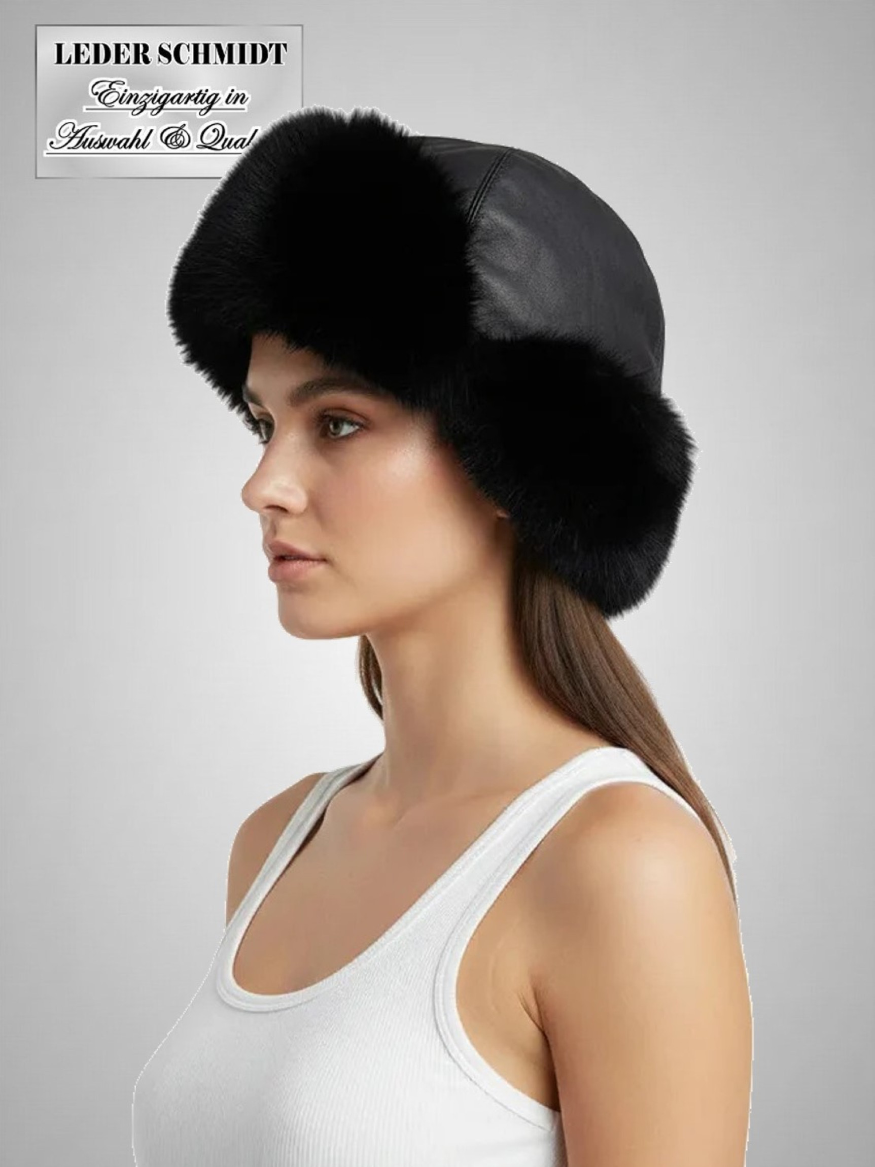 Pelz Kaninchen-Mütze schwarz Ohrenklappen Uschanke