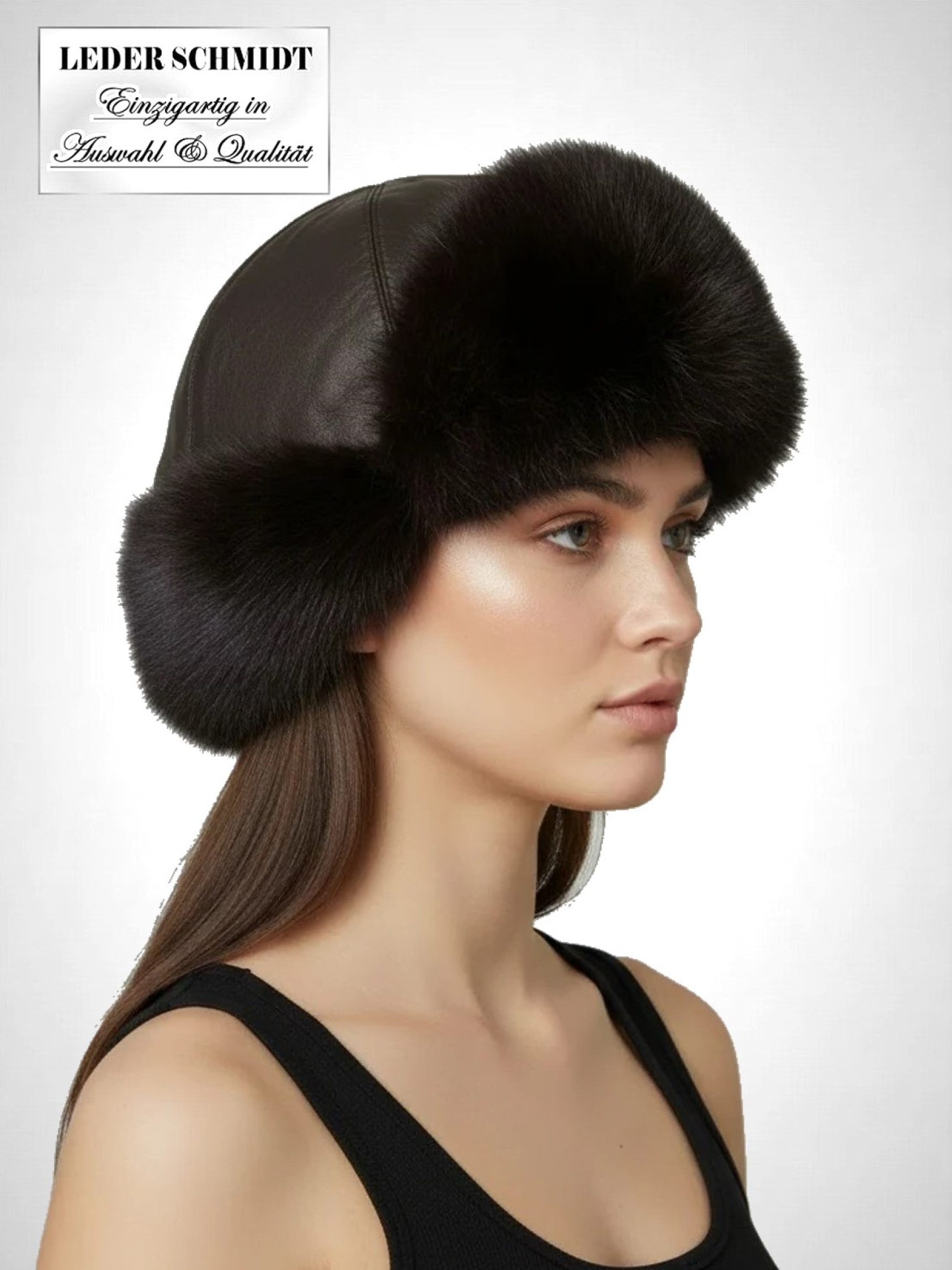 Damen Leder-Kaninchen-Mütze dunkelbraun