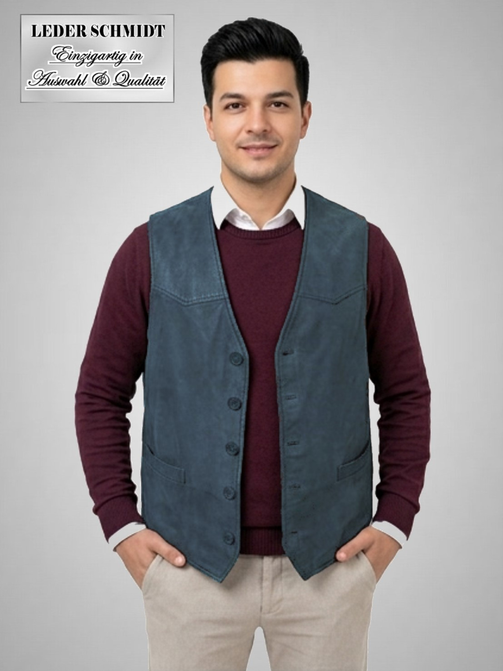 Kellner Lederweste Lammnappa geschliffen antik blau, Knöpfe