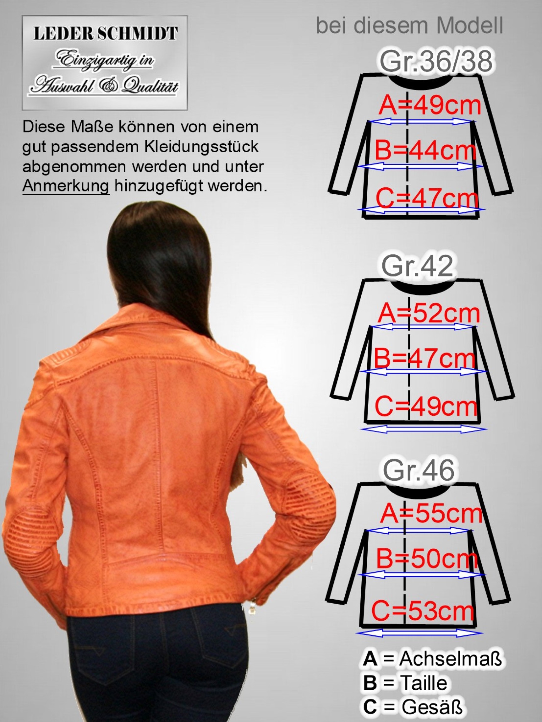 kurze Damenlederjacke-orange-schräger Reißverschluss