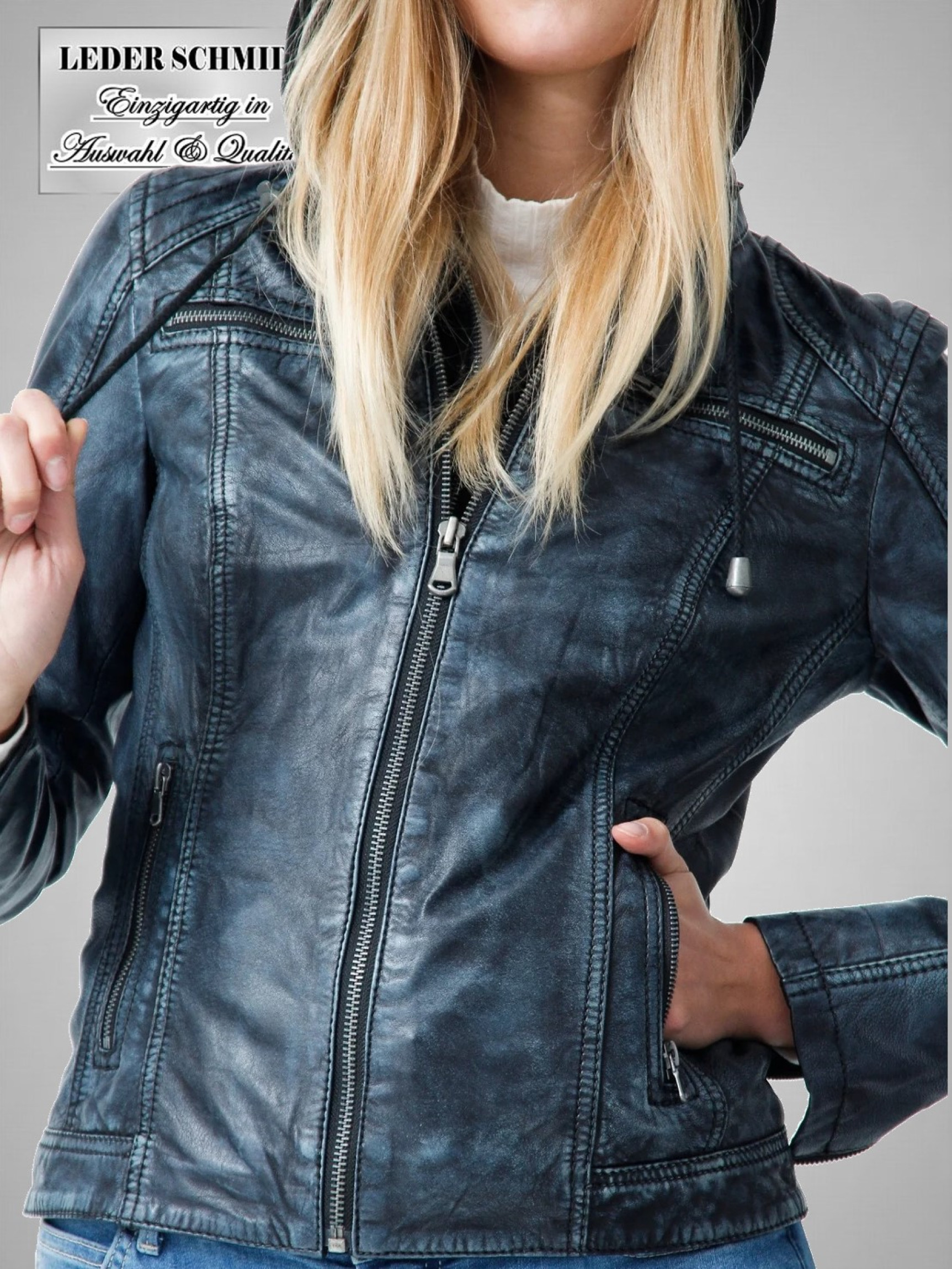 kurze Damen Lederjacke mit abnehmbarer Kapuze