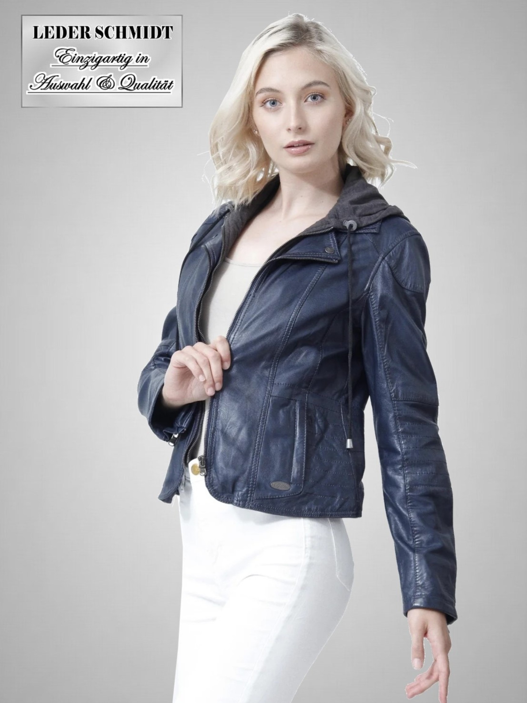 kurze Damen Lederjacke im leichtem Vintage-Look mit abnehmbarem Kapuzenteil