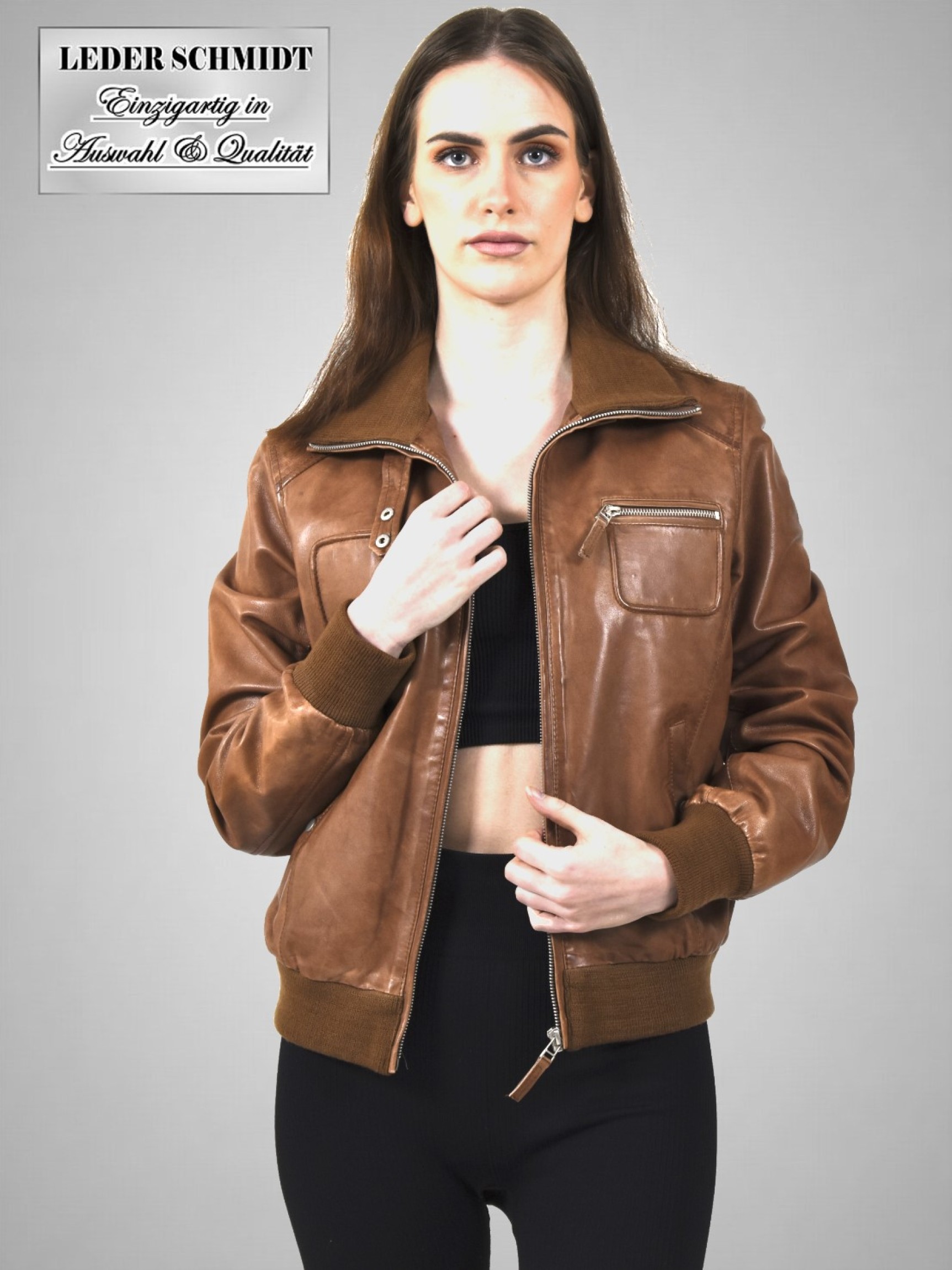 Damen Strick-Leder-Jacke kurz braun