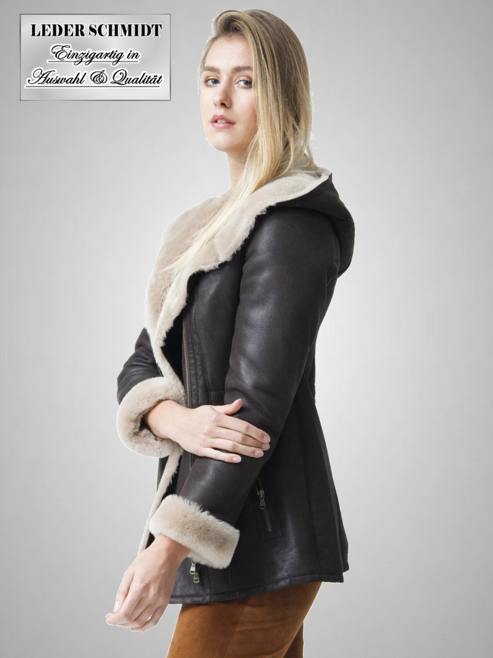 Lammfelljacke Kapuze Dame braun