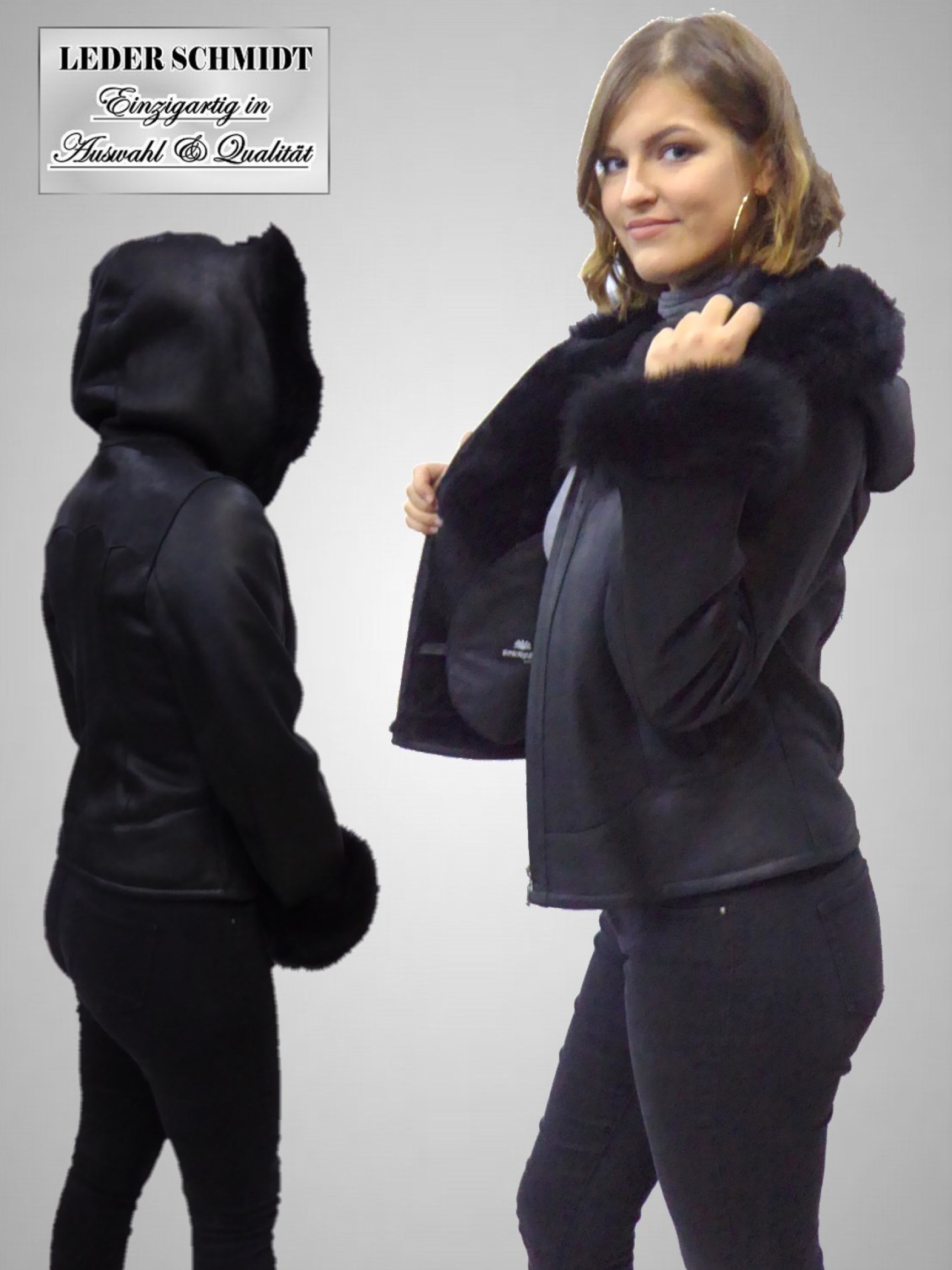 echte kurze Damen Lammfelljacke schwarz Kapuze