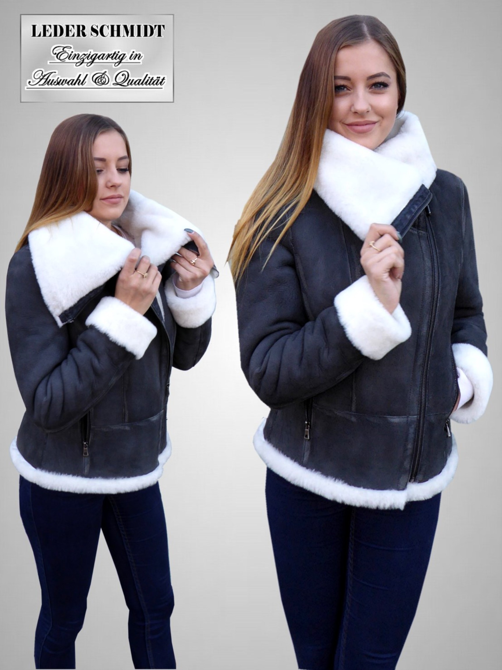 kurze echte Damen lammfelljacke schräger Reißverschluss