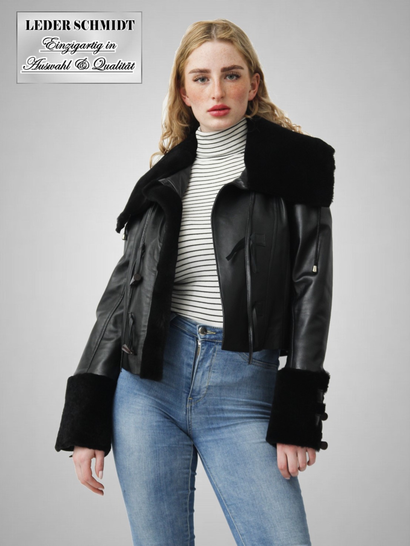kurze schwarze Damen-Nappa-Lederjacke mit Lammfell