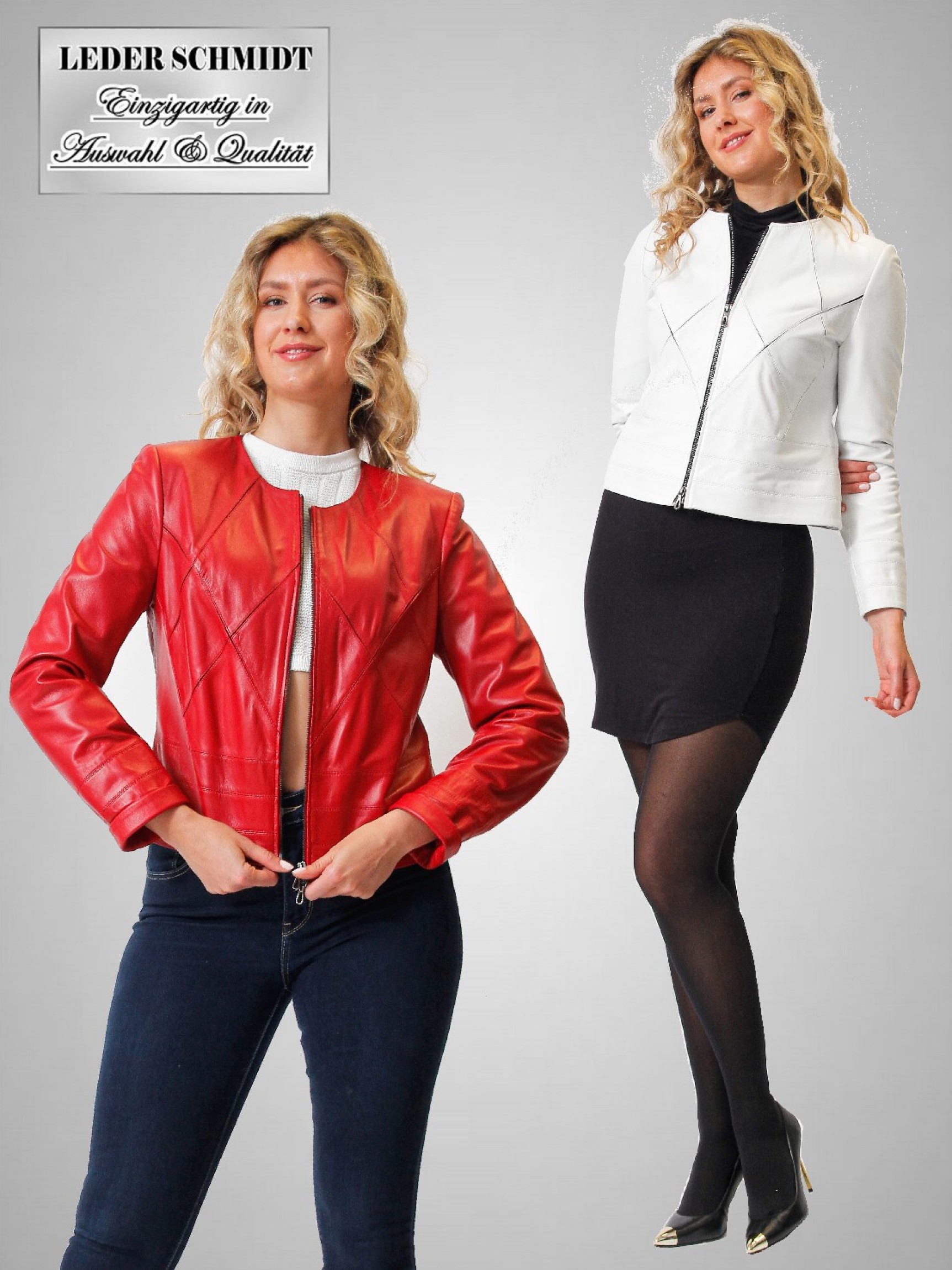 weiß  rote kurze Damen Lederjacke echt Lammnappa