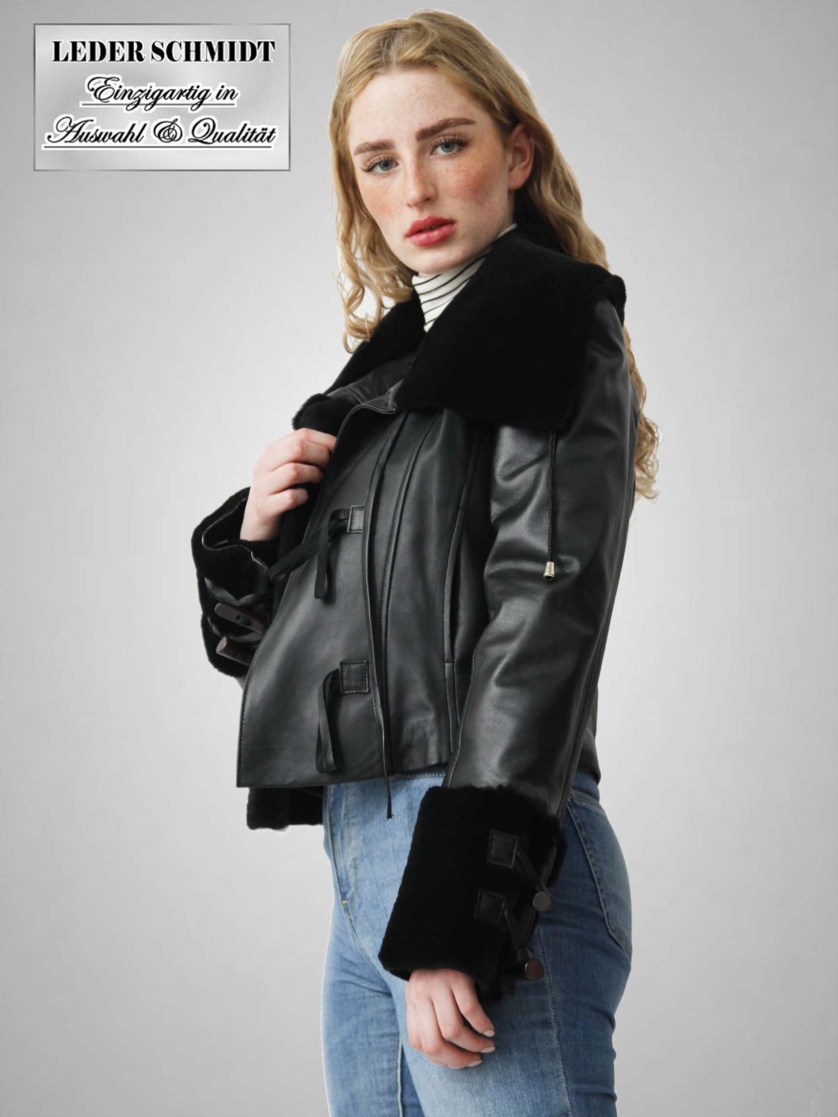 kurze schwarze Damen-Nappa-Lederjacke mit Lammfell