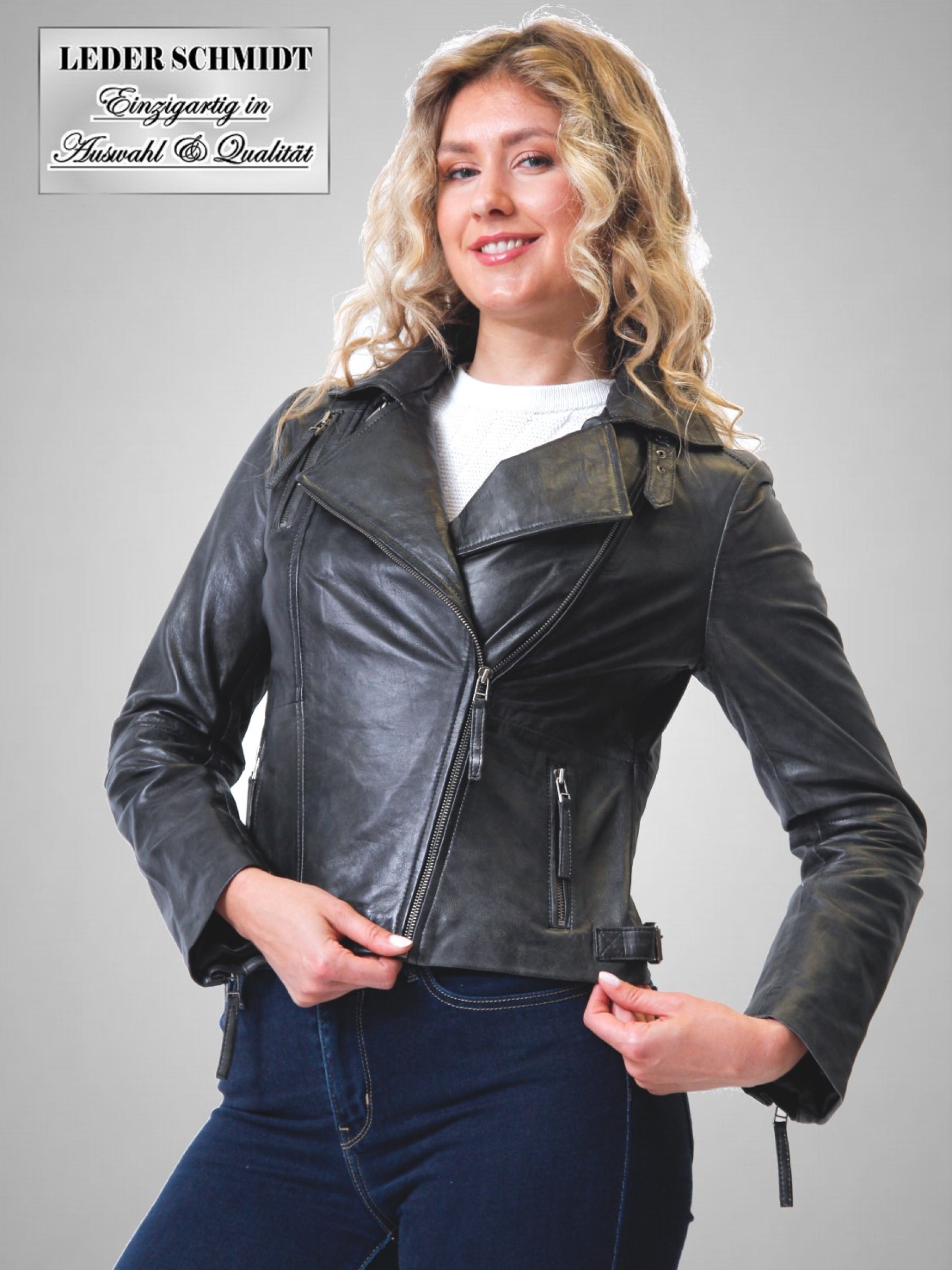 Motorrad Damen Leder Jacke kurz grau