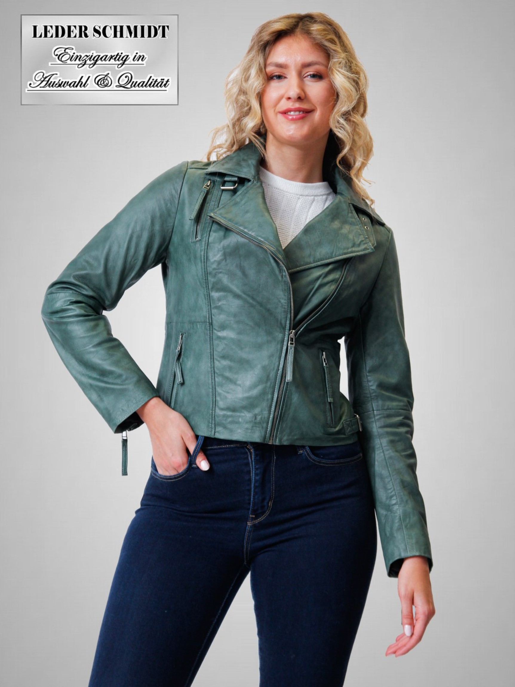 Damen Lederjacke kurz schräger Reißverschluss echtes Leder grün