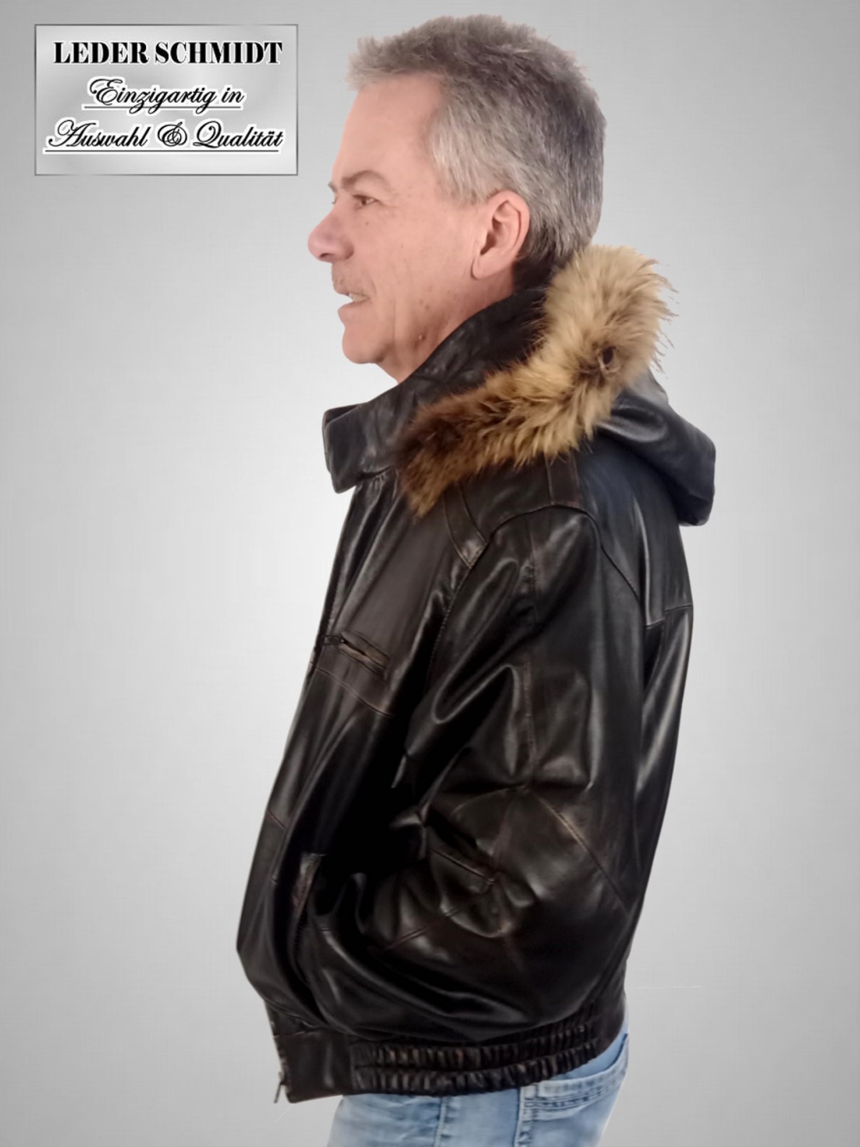 schwarze kurze Herrenlederjacke Lederkapuze abnehmbar