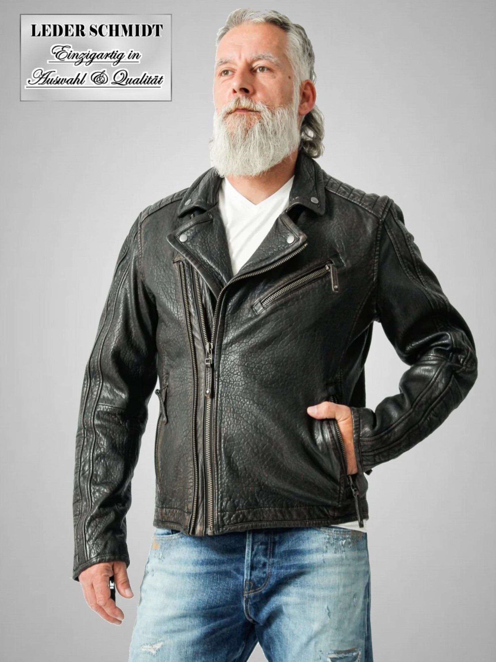 schwarz Herrenlederjacke kurz im Motorradstyle aus Lammnappa Struktur