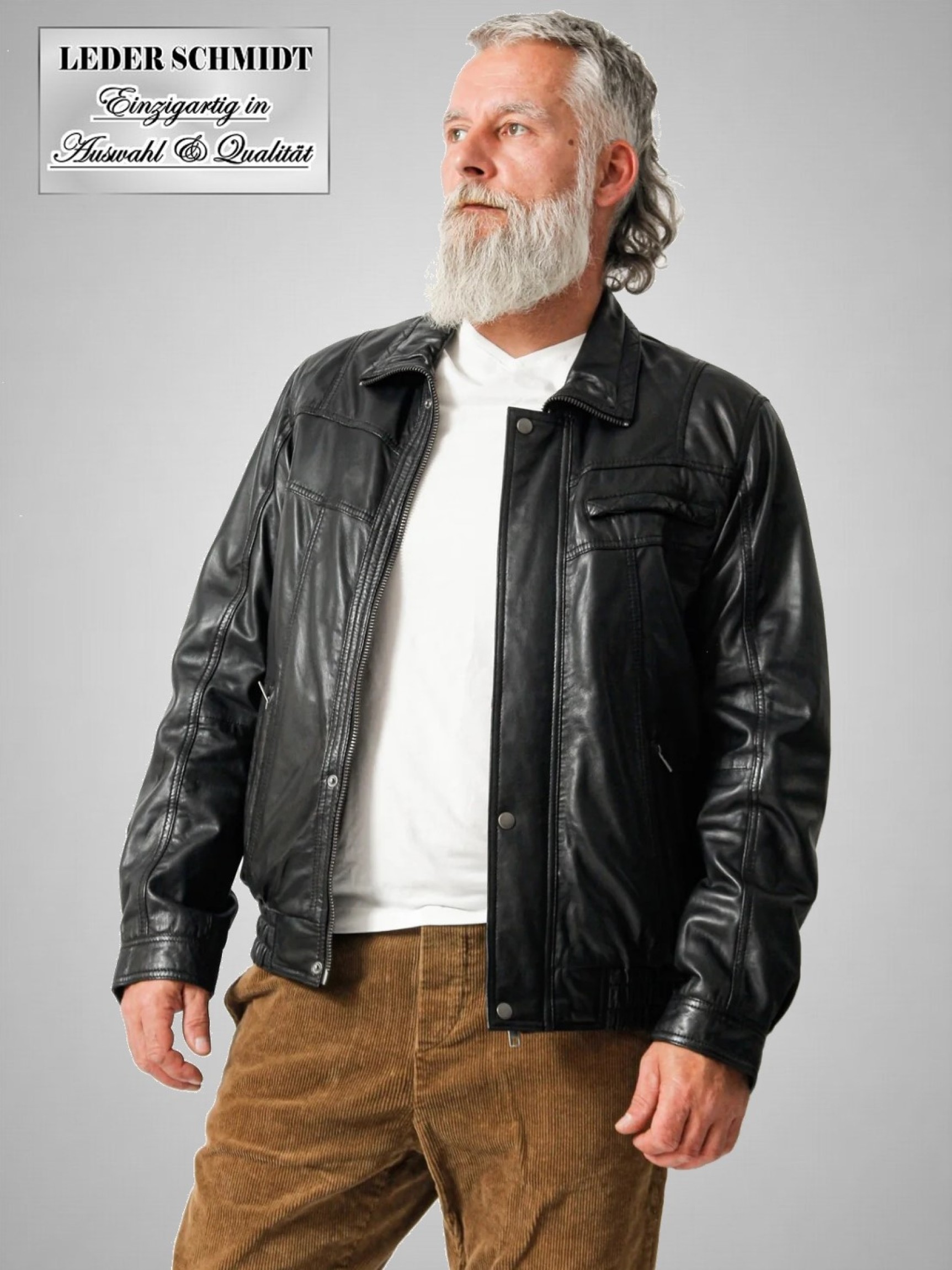 schwarze kurze Herrenlederjacke mit Bund sportlich