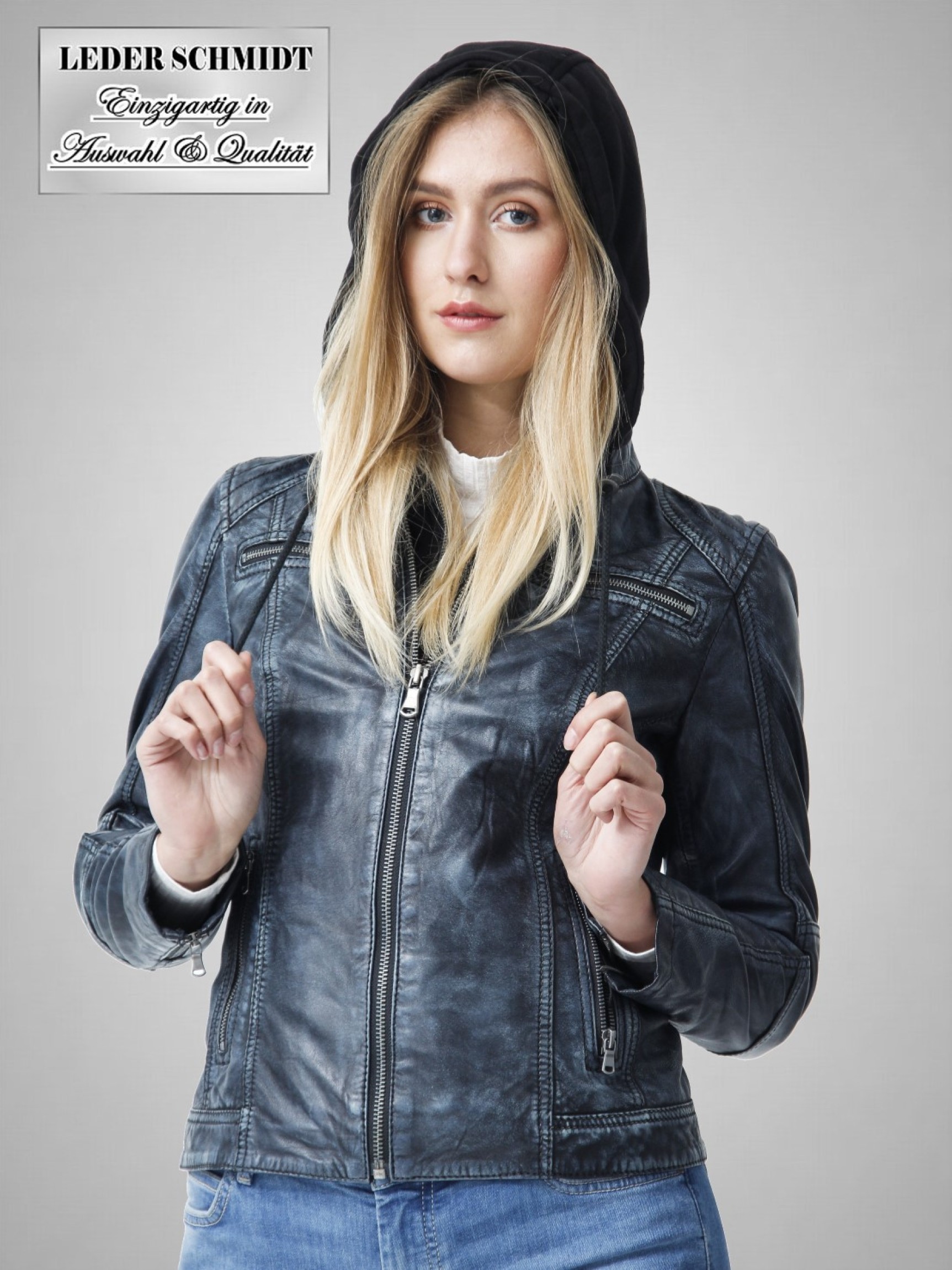 Damen Lederjacken kurz blau vintage Kapuze